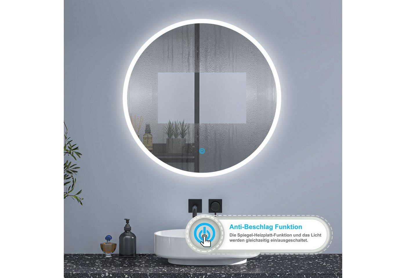 Thumbnail - Aica Sanitär Badspiegel 60cm LED RundSpiegel Touch/Wandschalter Einstellbare Helligkeit+Memory