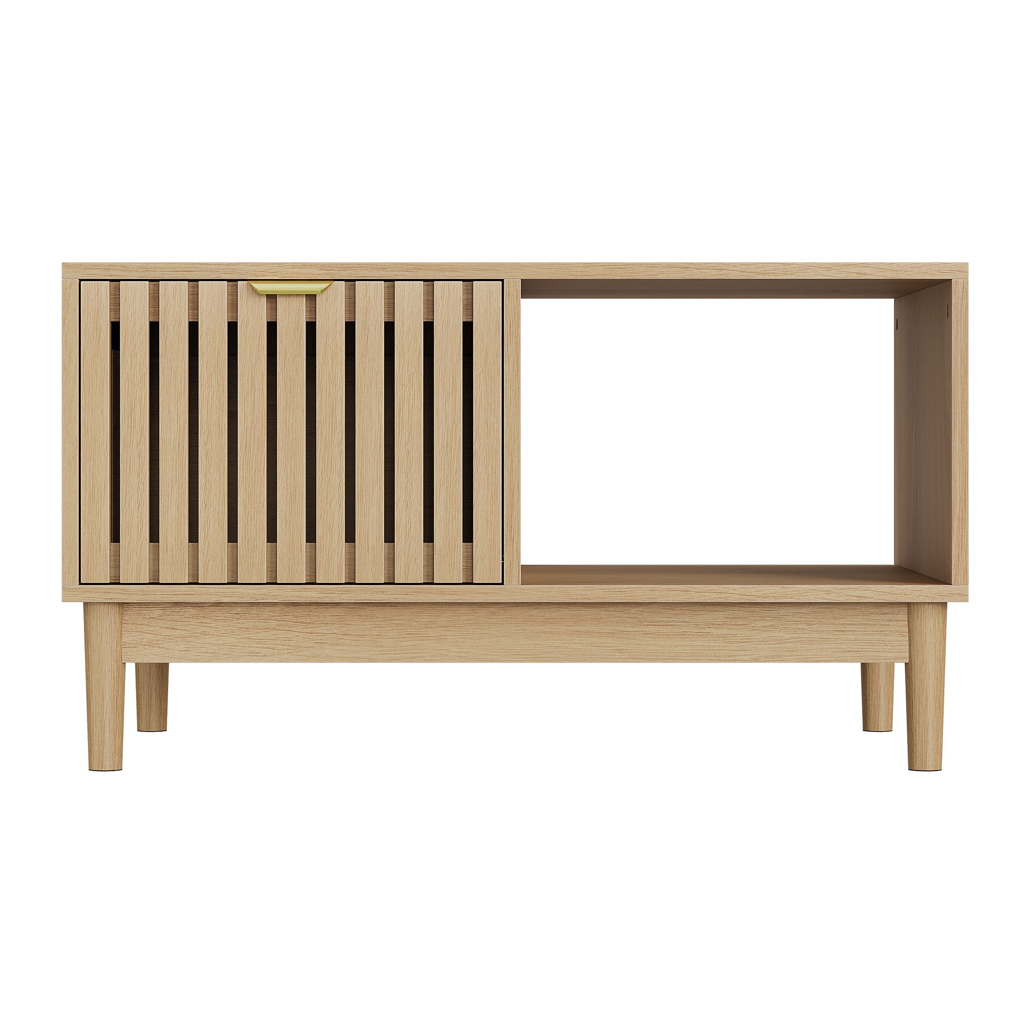 MODFU Couchtisch mit Gitterstruktur (Mid-Century-Mitteltisch mit Schublade, offenen Regalen und Massivholzbeinen in Eichenfarbe, 1-St., 80*50*45cm)