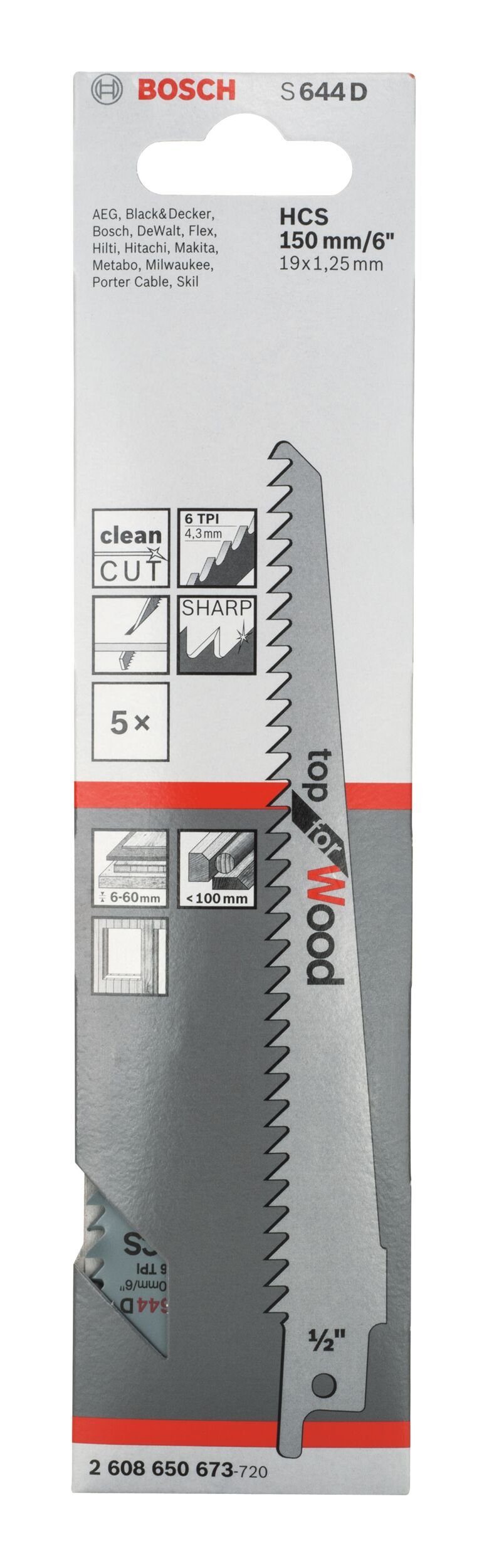 BOSCH Säbelsägeblatt (5 Stück), S 644 D Top for Wood - 5er-Pack