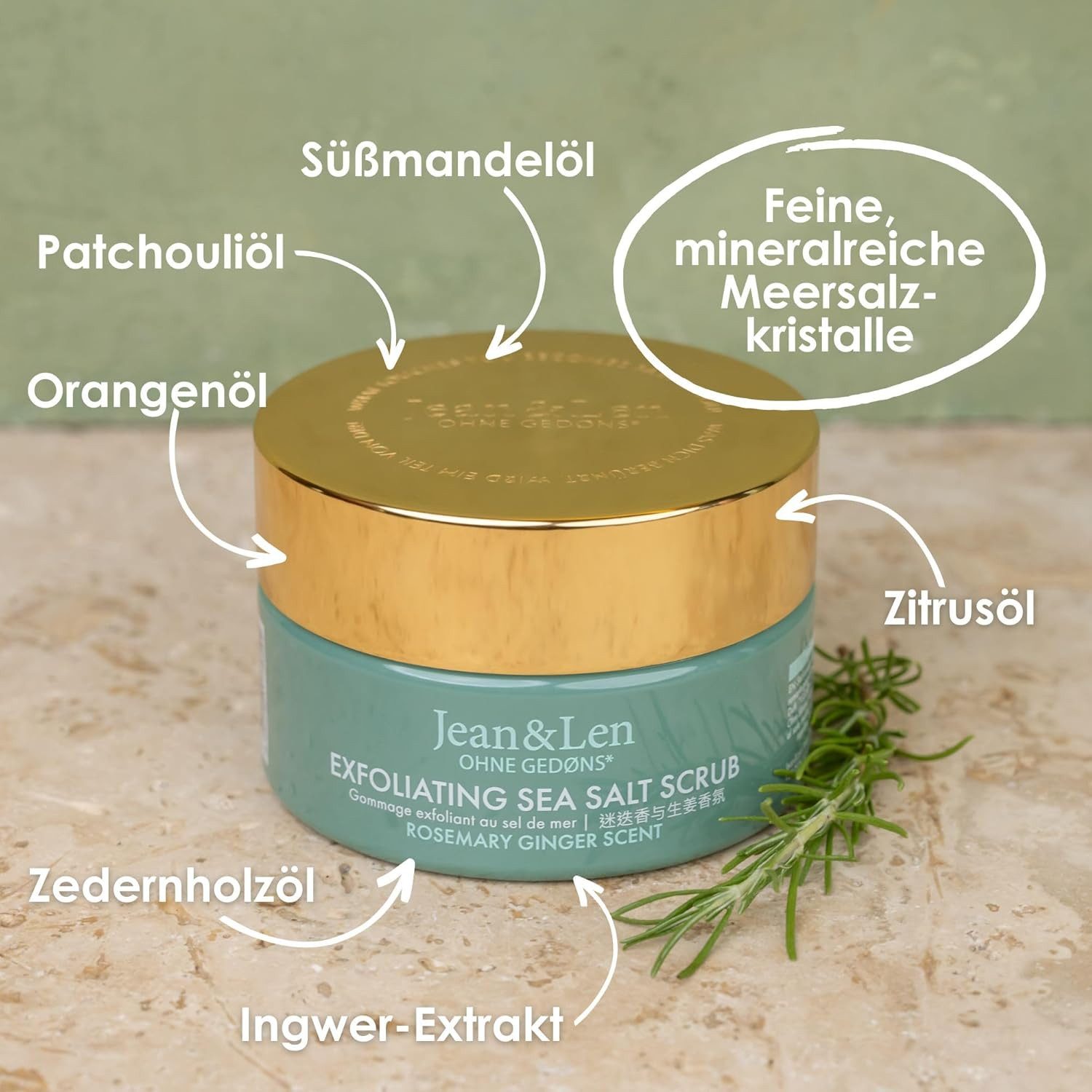 Jean & Len ohne Gedons* Körperpeeling Exfoliating Sea Salt Scrub Rosemary/Ginger 300 g, 1-tlg., ‎Vitamin A & K angereichertem Distelöl