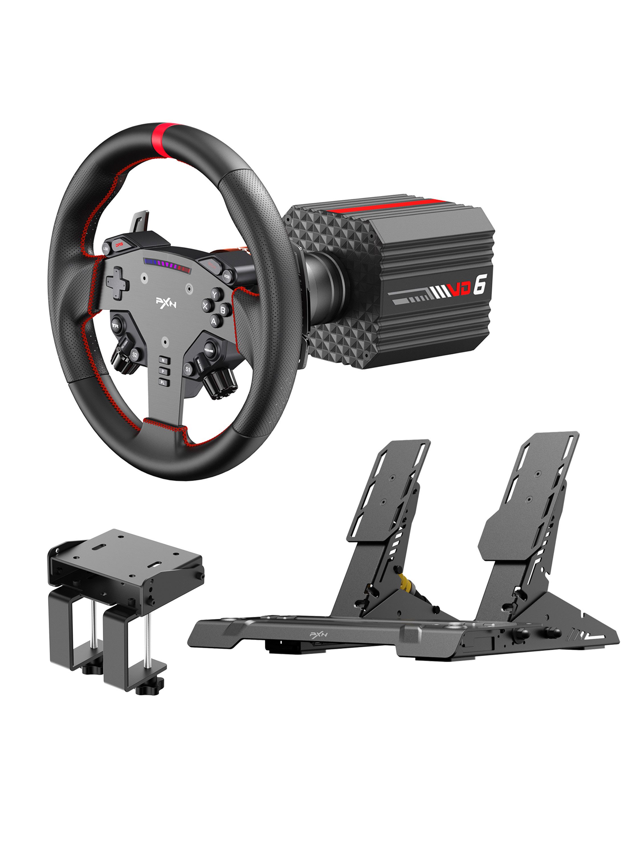 PXN VD6 Bundle Direct-Drive-Sim-Rennlenkrad-Set Gaming-Lenkrad (6Nm Force Feedback Servo 24-Bit Hall-Pedale Quick Release PC)