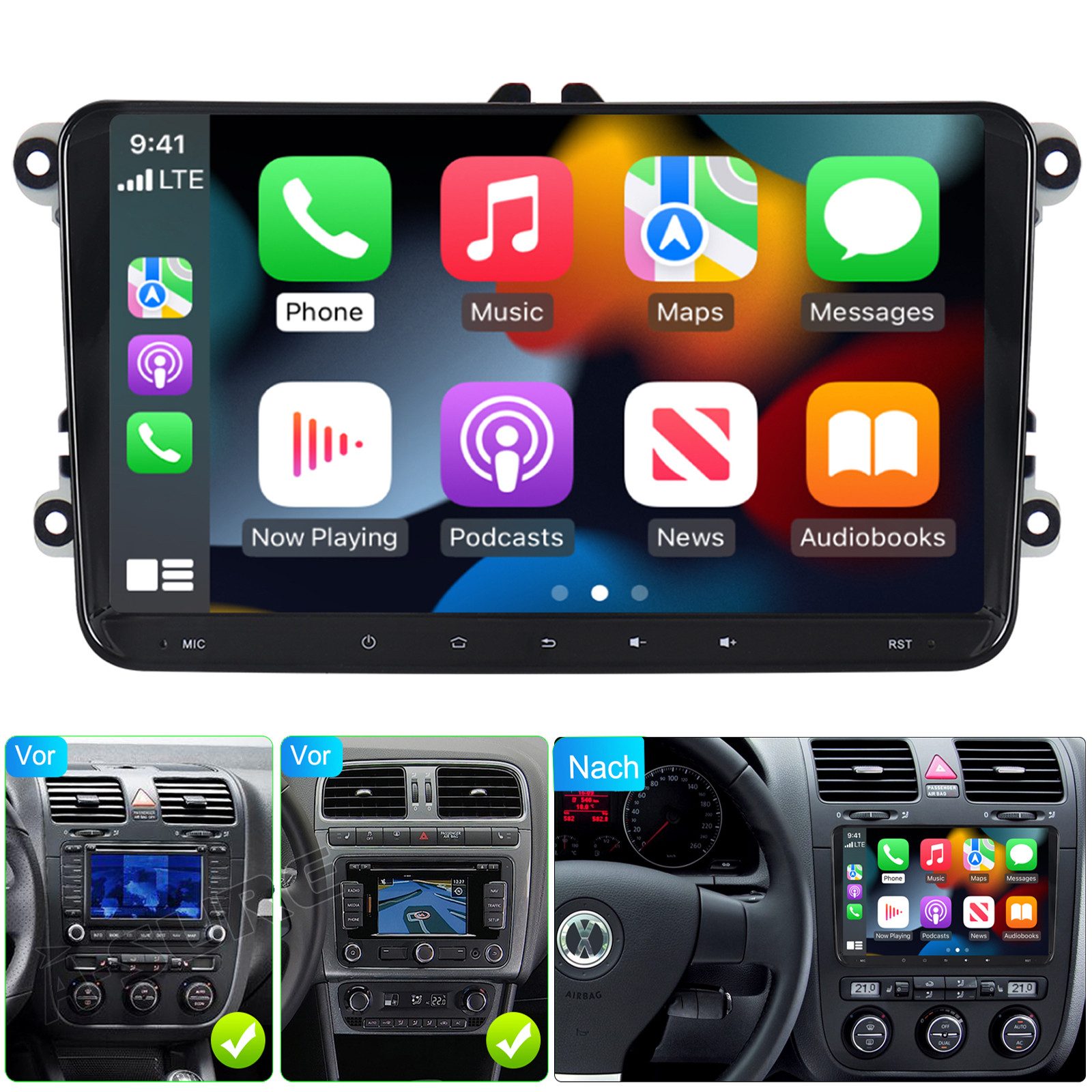 A-Sure Android 15 Carplay GPS Navi Für VW Golf 5 6 Passat Touran Caddy Jetta Autoradio (Digitalradio (DAB), RDS, FM, AM, 1280*720 Screen/4-Core CPU/2+64G/9 Zoll)