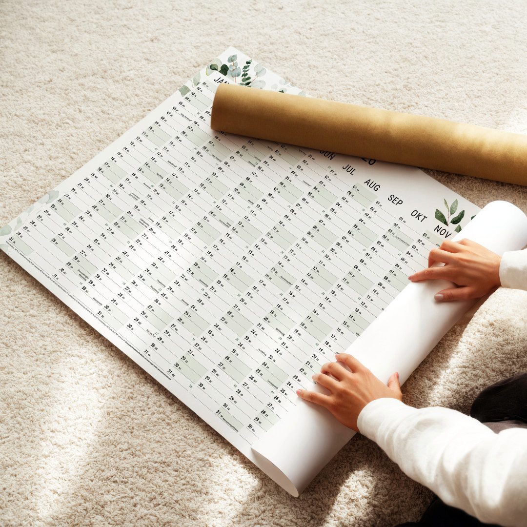 heaven+paper Jahresplaner A2 Wandplaner gerollt 2026 Greenery Querformat, hochwertig, Hergestellt in Deutschland