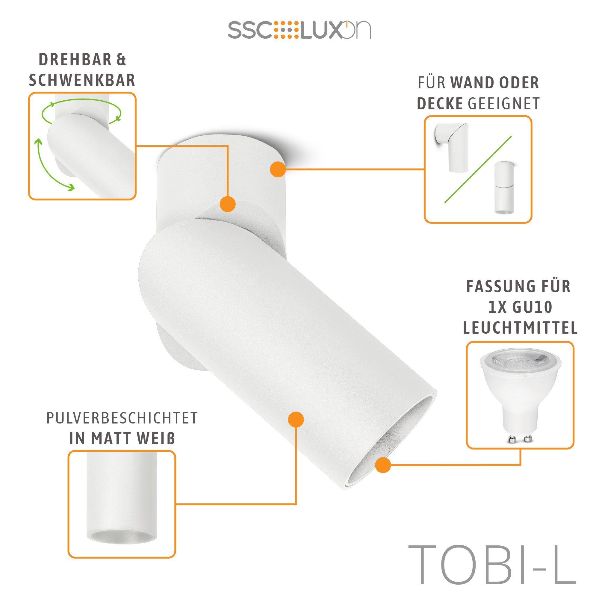 SSC-LUXon Aufbauleuchte Schwenkbare Aufbauleuchte TOBI-L in weiss fuer Decken & Waende