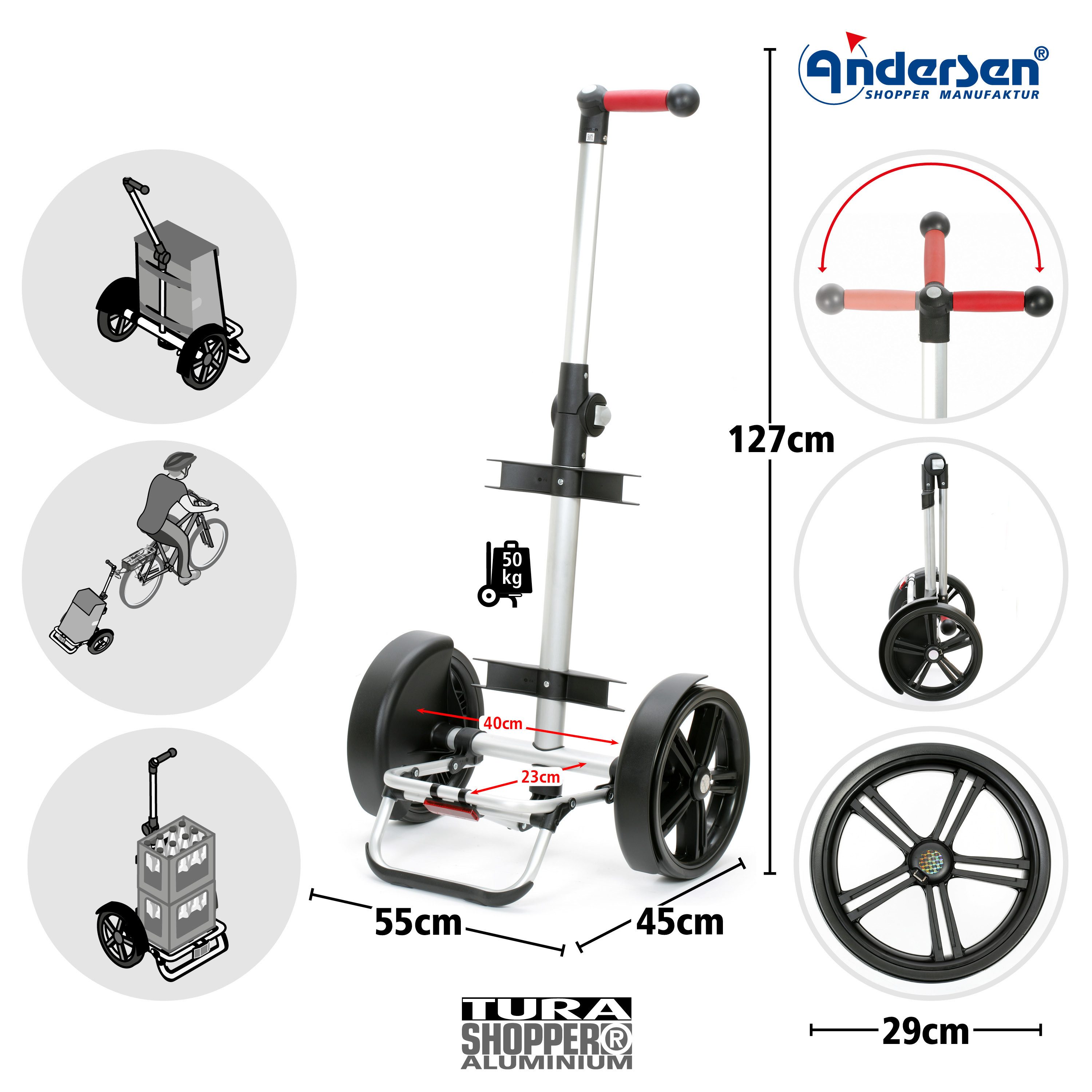 Andersen Einkaufstrolley Tura Shopper Lasse rot, klappbare Ladefläche, belastbar bis 50kg, wasserabweisend