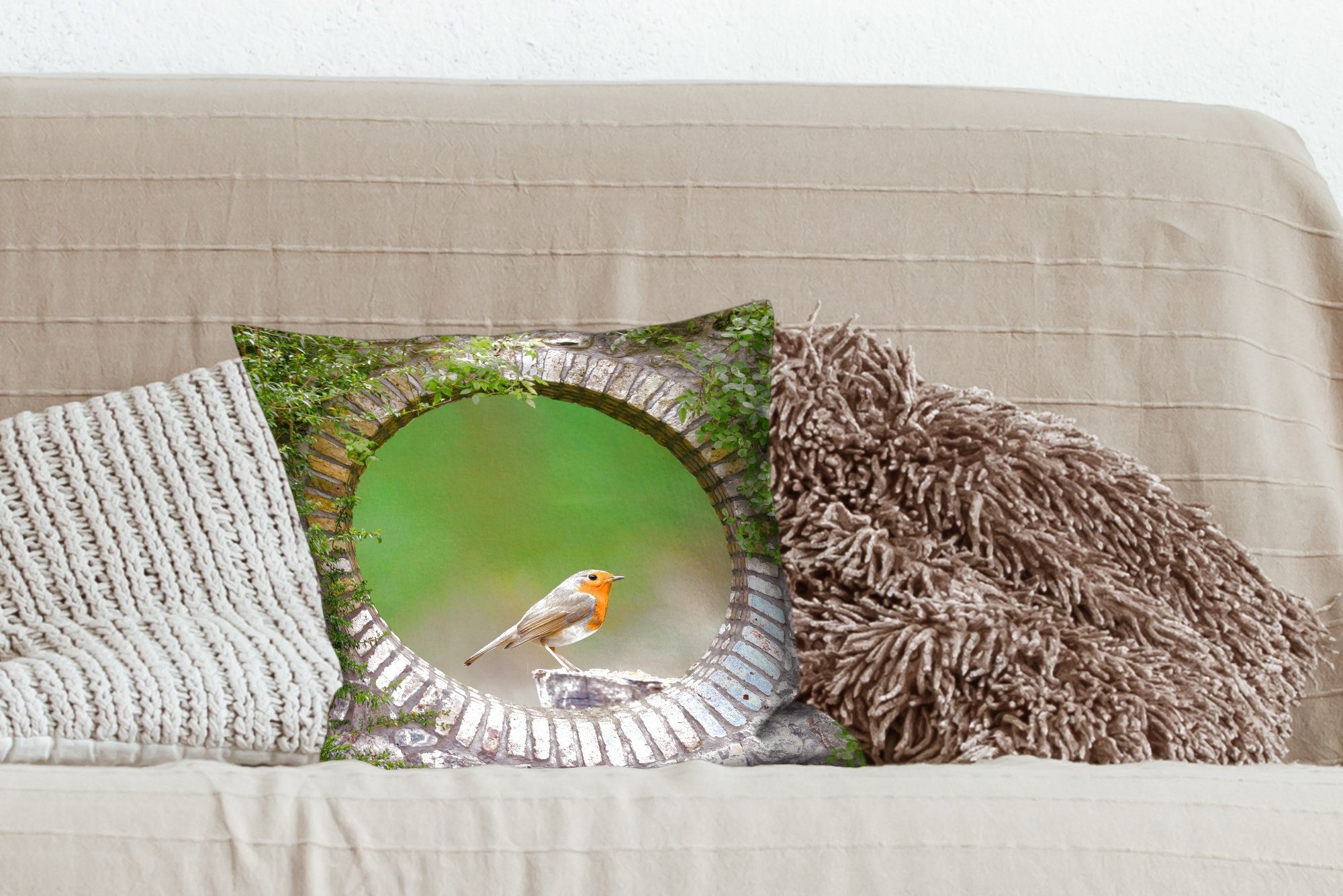 mit Rotkehlchen, Sofakissen Vogel Wohzimmer, Dekokissen für Füllung - Zierkissen - MuchoWow Deko, Durchblick Schlafzimmer,