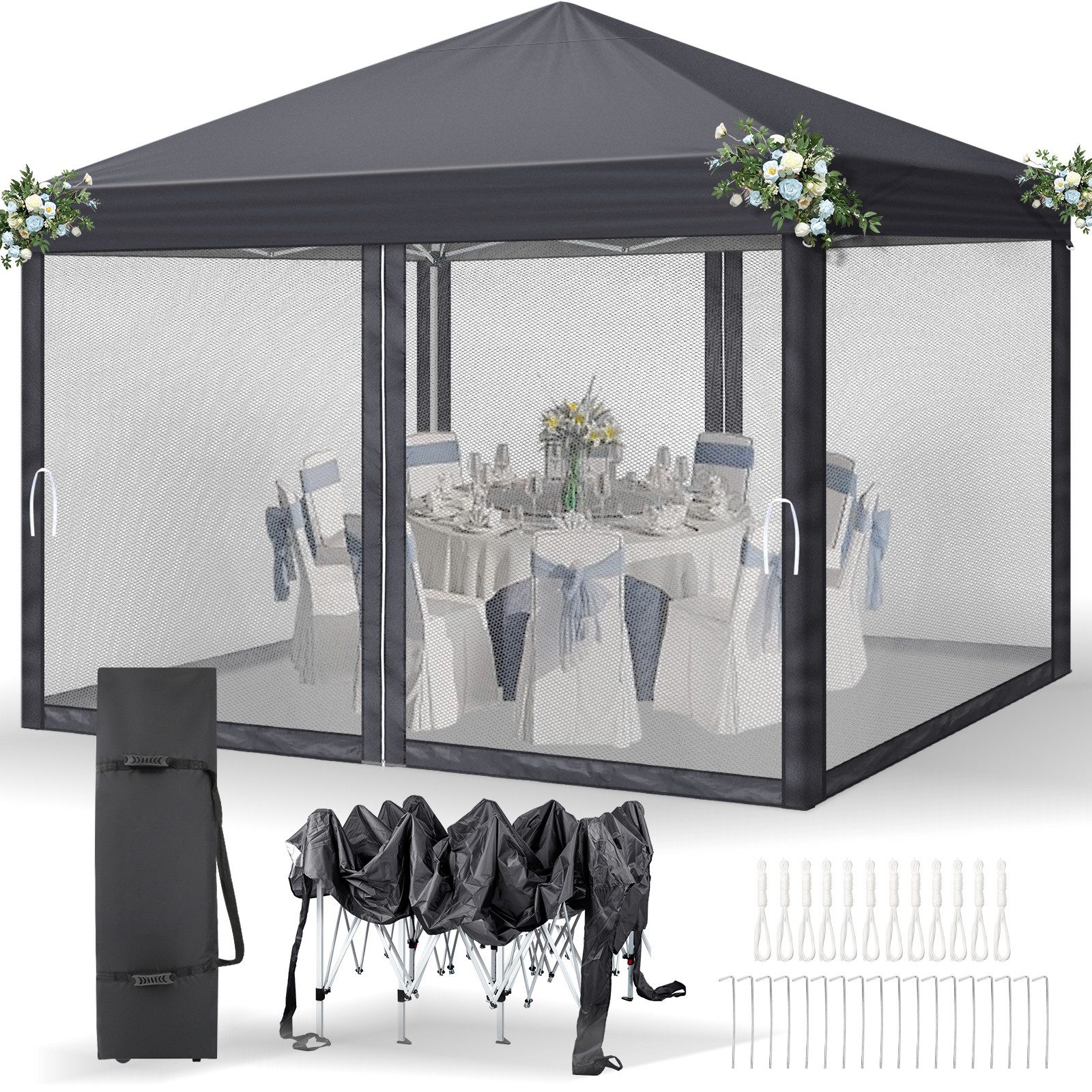 LEADZM Faltpavillon 3x3m mit 4 Netzseitenwänden, höhenverstellbar, UV-Schutz, Pop-Up Gartenpavillon 3×3m mit Moskitonetz, klappbarer inkl. Zubehör