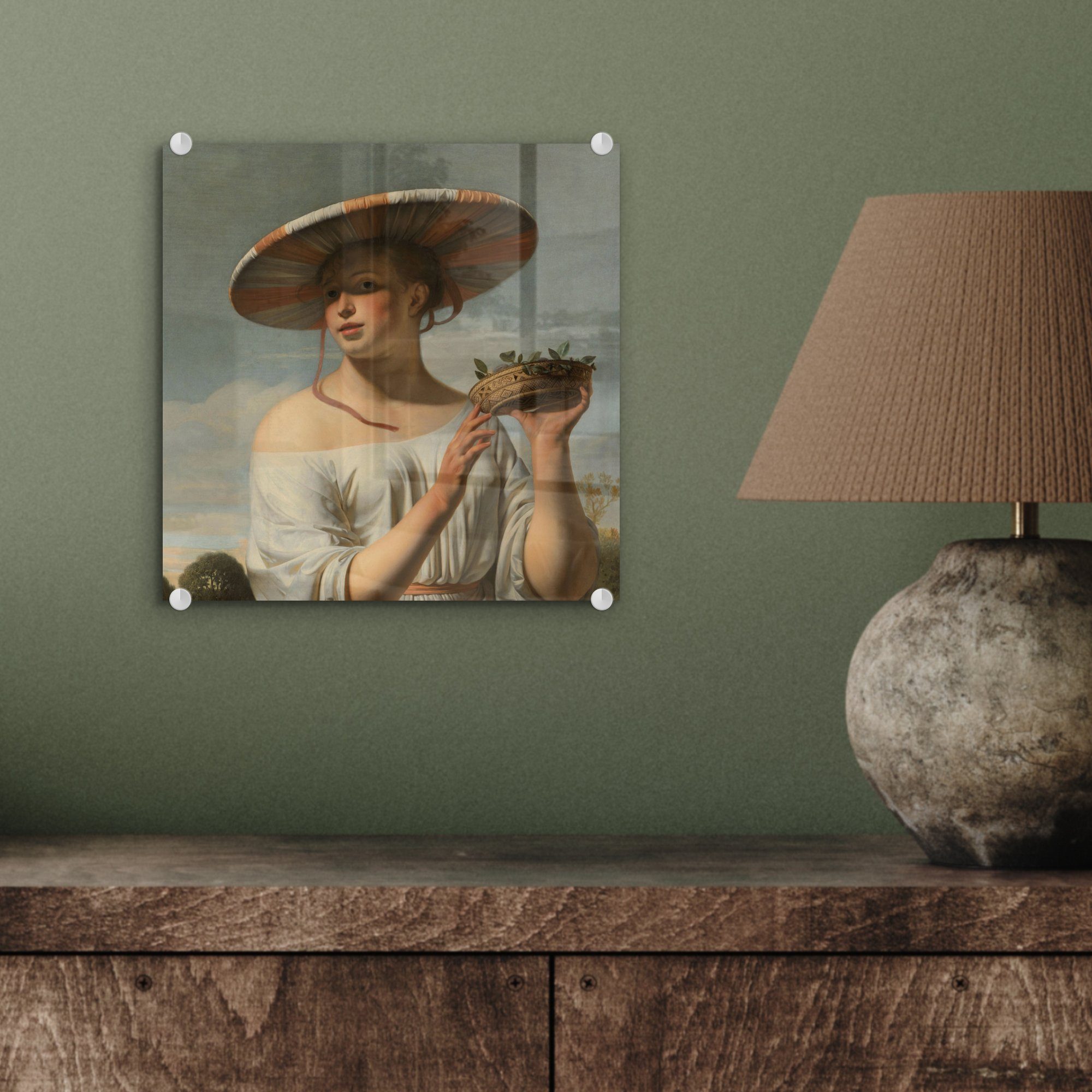 Cäsar Mädchen Hut Foto van Glasbilder mit Everdingen, Glas auf auf von Boëtius Bilder Wanddekoration - (1 - Acrylglasbild St), Glas breitem Wandbild Gemälde - MuchoWow -
