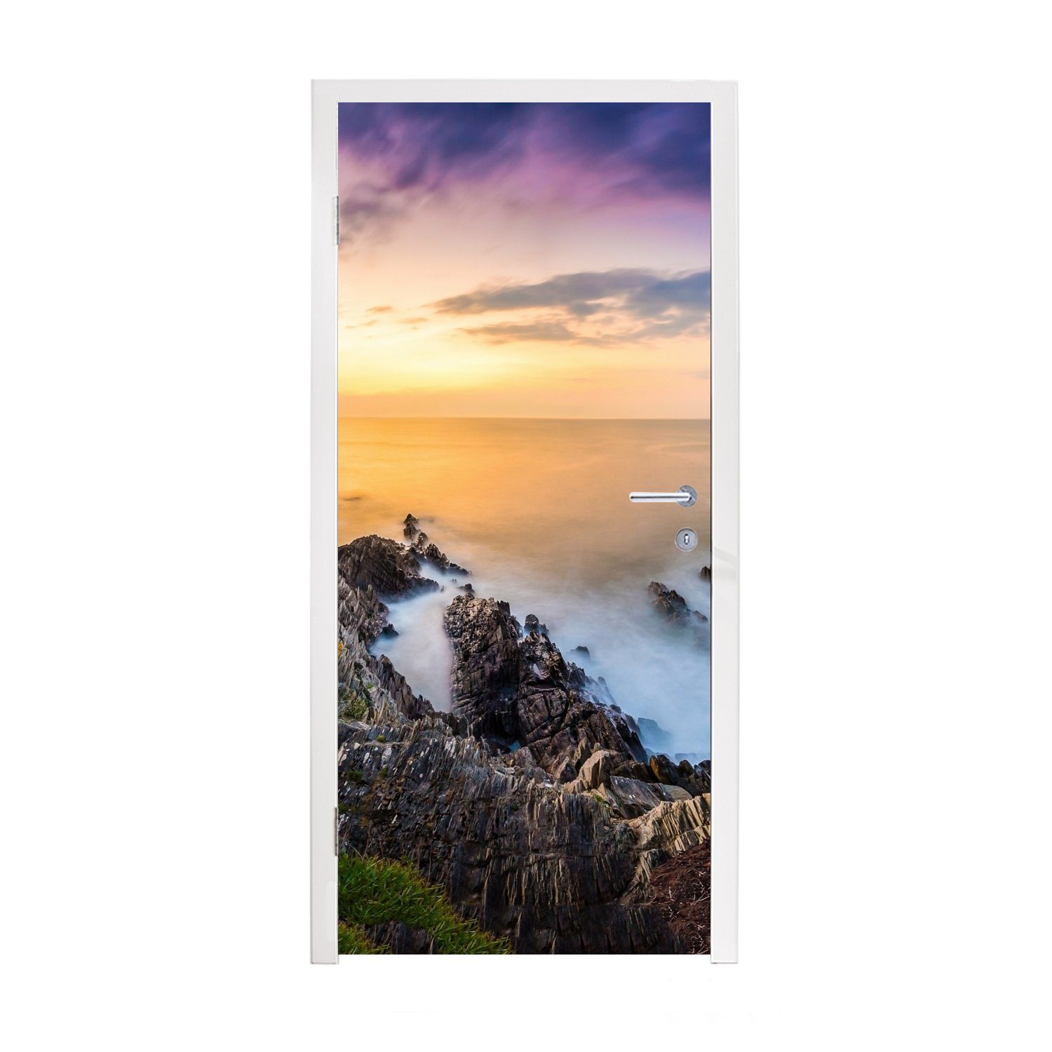 MuchoWow Türtapete Sonnenuntergang - Horizont - Wasser - Landschaft - Blau, Matt, bedruckt, (1 St), Fototapete für Tür, Türaufkleber, 75x205 cm