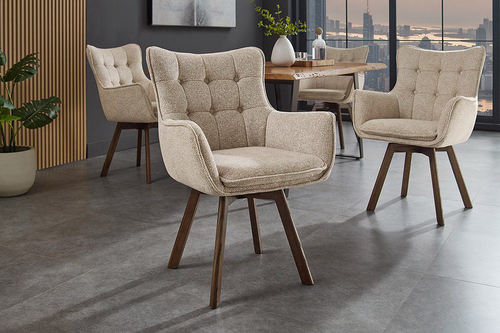 riess-ambiente Drehstuhl THOR beige / braun - Strukturstoff, Eichenholz, 360° drehbar, Armlehne (Einzelartikel, 1 St), Retro-Polsterstuhl - ideal für Ess-, Arbeits-, Wohnzimmer und Büro