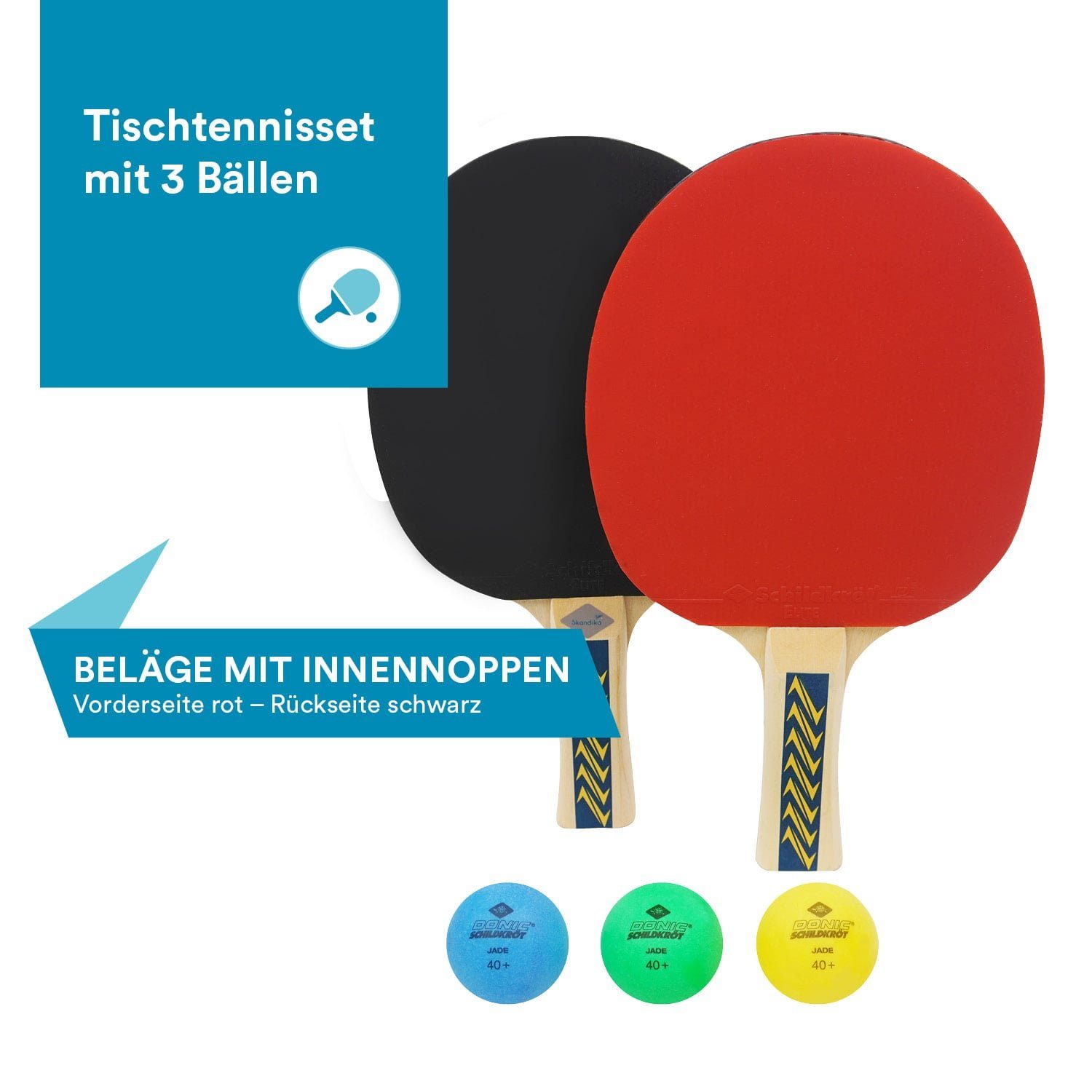 Skandika Tischtennisschläger Donic-Schildkröt 3 Bunte 3 Set Bällen, Schläger, Tischtennisbälle mit 2