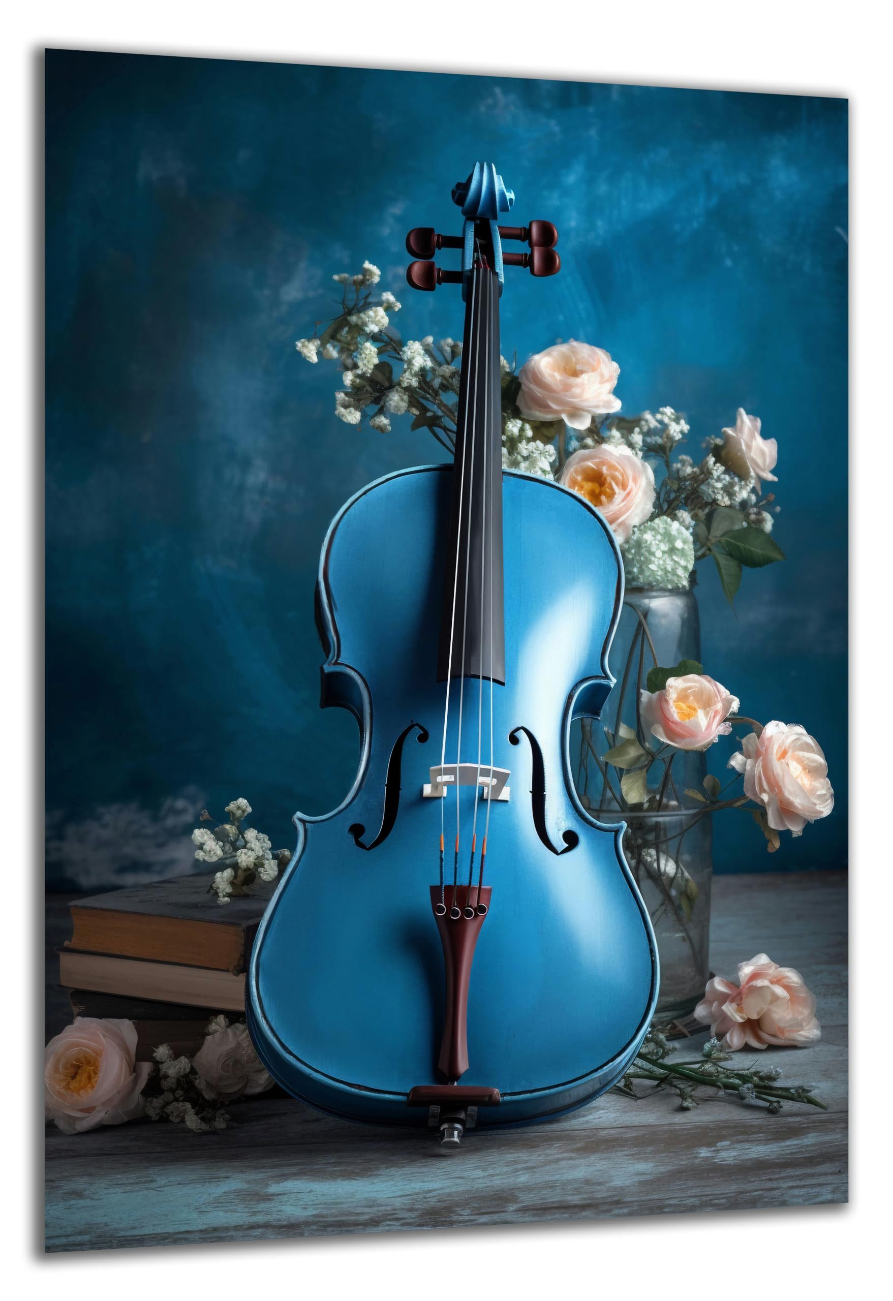 DARO Design Wandbild Musik Wandbilder Wand Deko Bilder Geschenk Modern Leinwandbild, (Musik blaue Geige - Bild groß Wohnzimmer Büro Arbeitszimmer Flur Jugendzimmer Einteilig Hochformat Fotodruck Musik), 84x56 cm