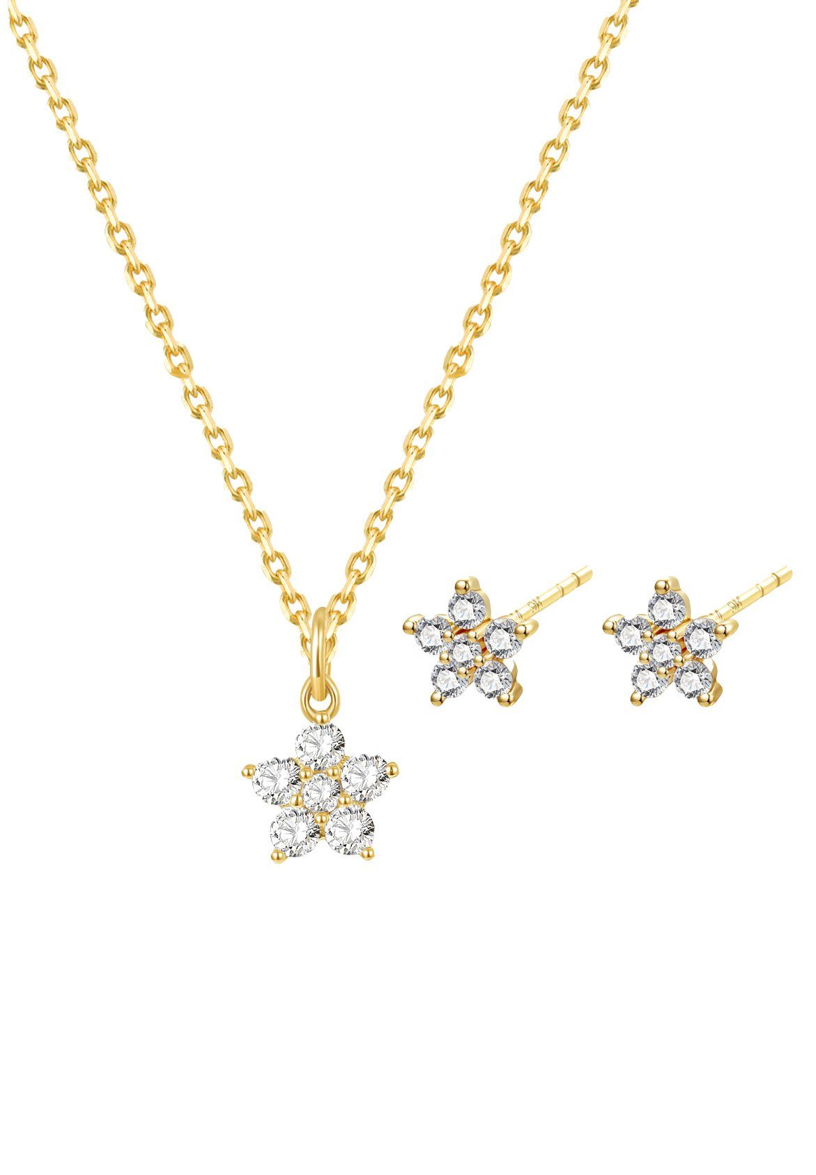 Dear Me Schmuckset Damen Gold 375, Ohrringe Halskette Blume Kristalle, 9K Massivgold Ohrstecker Damen Kette, Blüte Zirkonia hängend