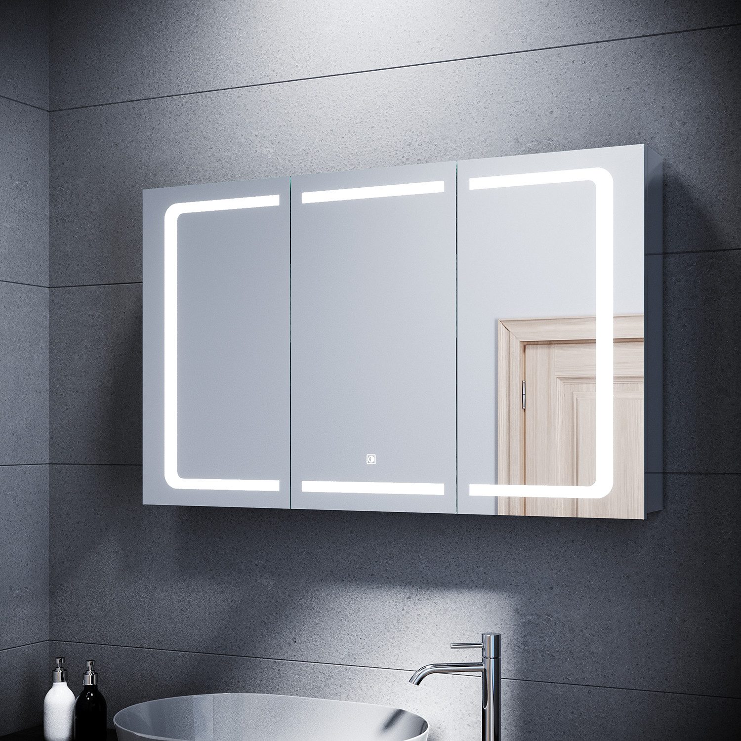SONNI Spiegelschrank Badezimmerspiegelschrank mit Beleuchtung,Spiegelschrank mit Touch 105 cm x 65 cm, 3 türig, Anti-fog, Kalt/Warm/Neutral