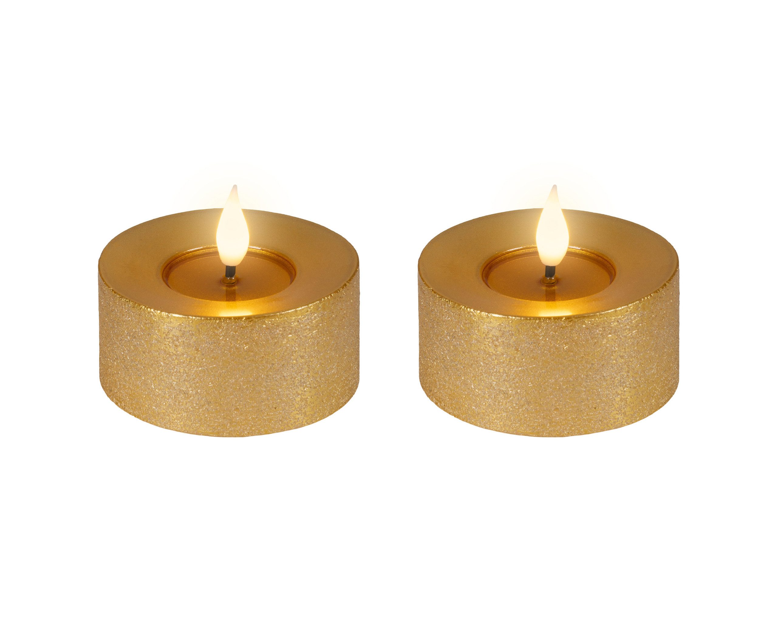 Lumineo LED-Kerze, Timer, warmweiß, LED Kerzen 6x7,5cm Timer Wachs 2 Stück - Flacker-Effekt Gold Warmweiß