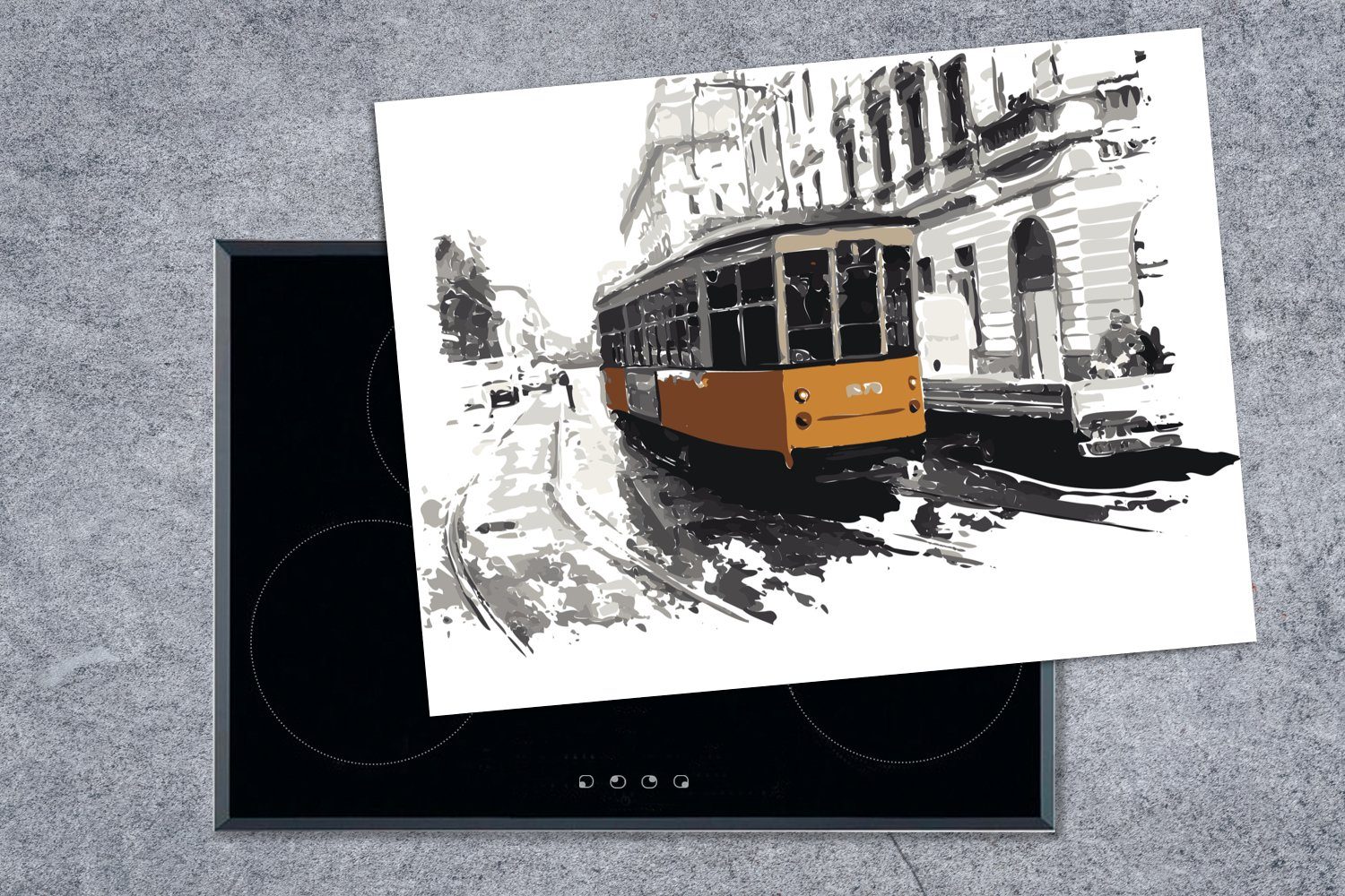 Straßenbahn MuchoWow Zeichnung, nutzbar, cm, - Herdblende-/Abdeckplatte (1 70x52 Mobile tlg), Ceranfeldabdeckung Vinyl, - Arbeitsfläche Mailand