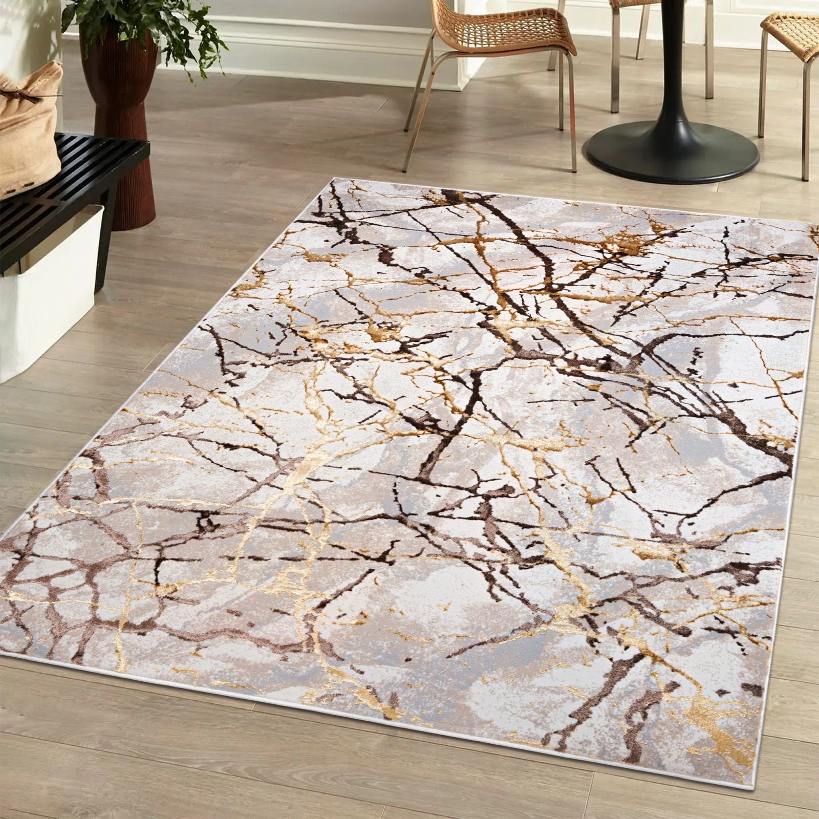 Designteppich Modern Teppich für Wohnzimmer - Beige Creme mit Gold, Mazovia, 80 x 150 cm, Glänzende Abstrakt Marmor, Höhe 10 mm, Kurzflor - niedrige Florhöhe, Weich, Pflegeleicht Beige Creme mit Gold / MZ34D