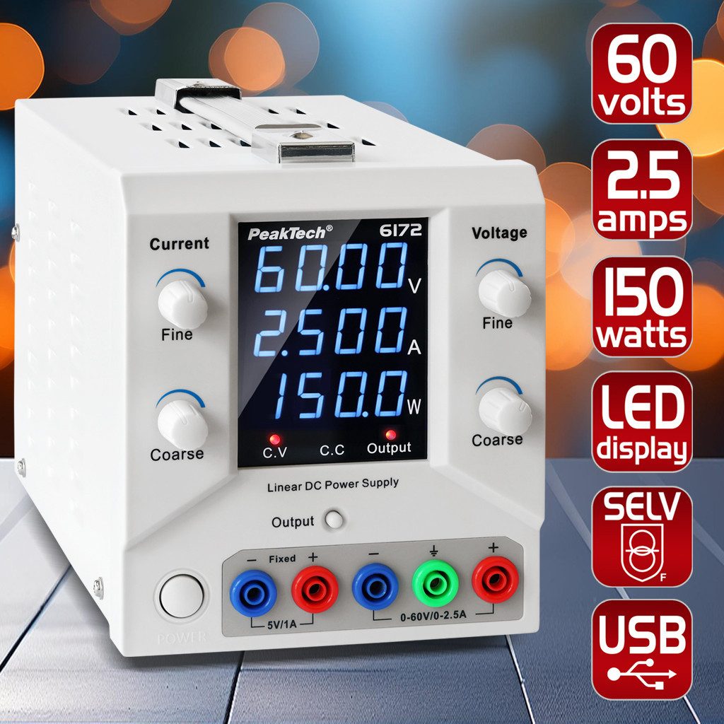 PeakTech 60 V 5 A DC Labornetzteil 0–60 V/0–2,5 A SELV, linear Labor-Netzteil