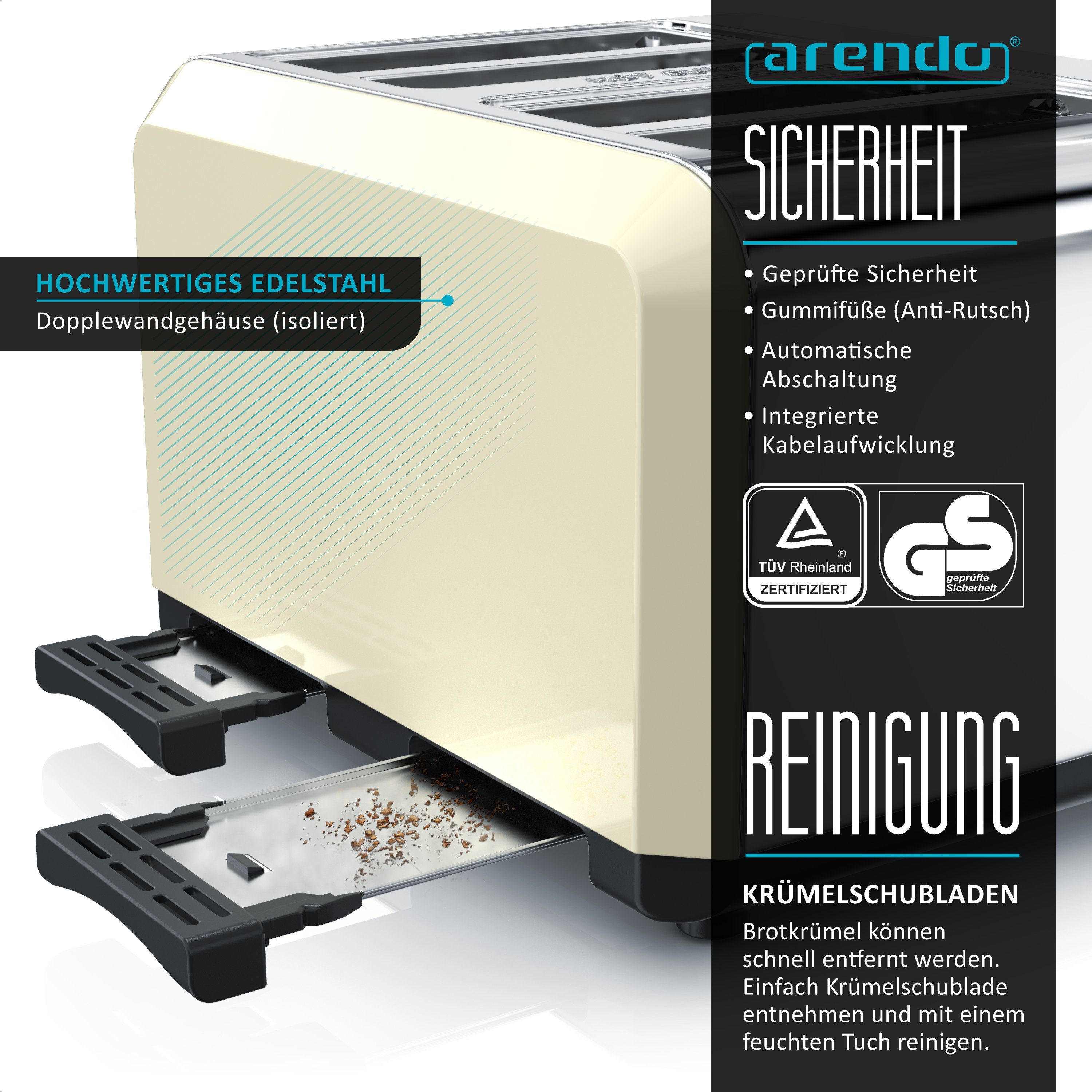 Arendo Toaster 4-Scheiben, Edelstahl Automatik, Wärmeisolierendes Doppelwandgehäuse, 4 kurze Schlitze, für 4 Scheiben, 1630 W, Bräunungsgrad 1-6, Aufwärm- & Auftaufunktion, GS-zertifiziert