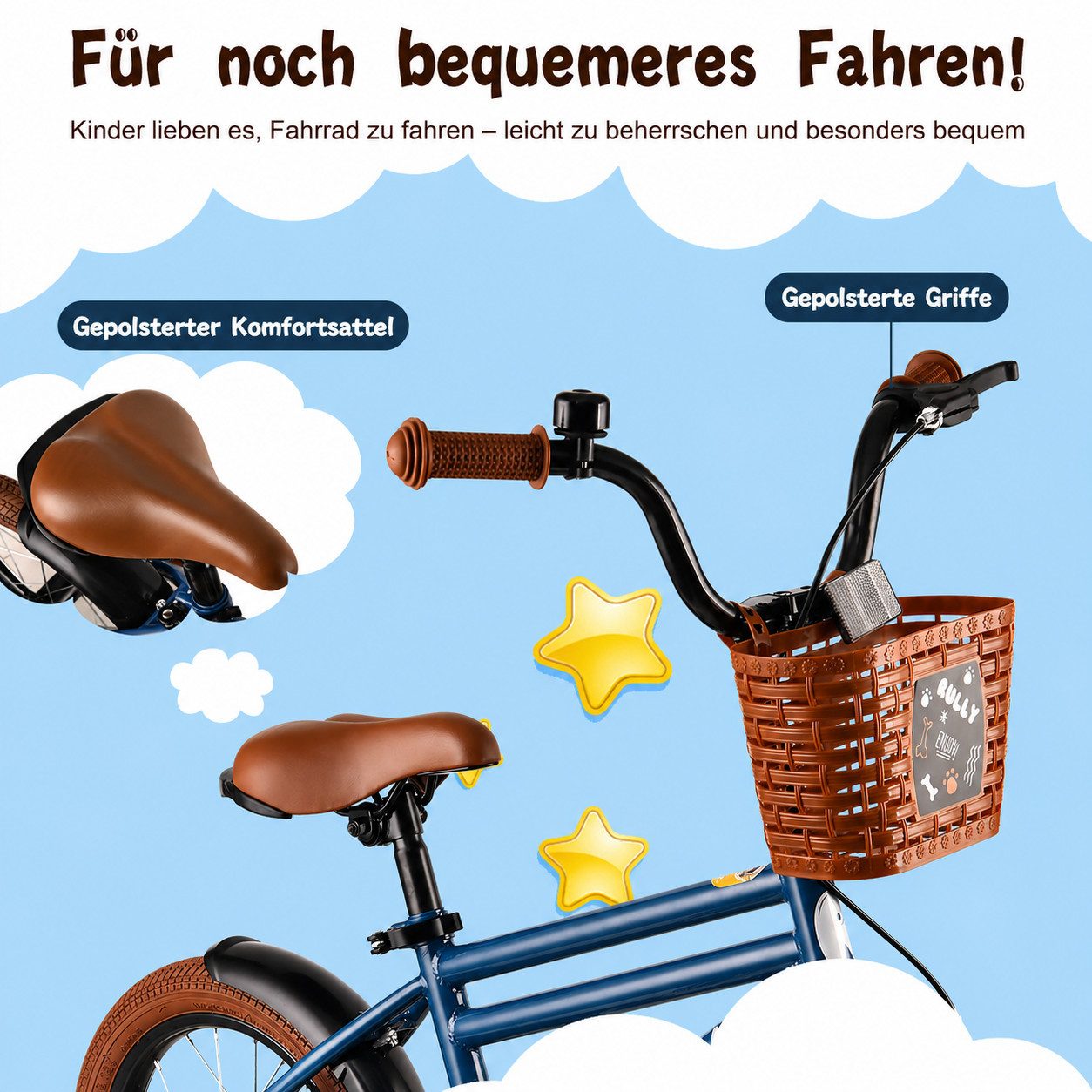RULLY Kinderfahrrad Kinderfahrrad für Jungen 12/14/16 Zoll, 2–7 Jahre, 1 Gang, Mit Korb, Stützrädern, Schutzblechen & Klingel
