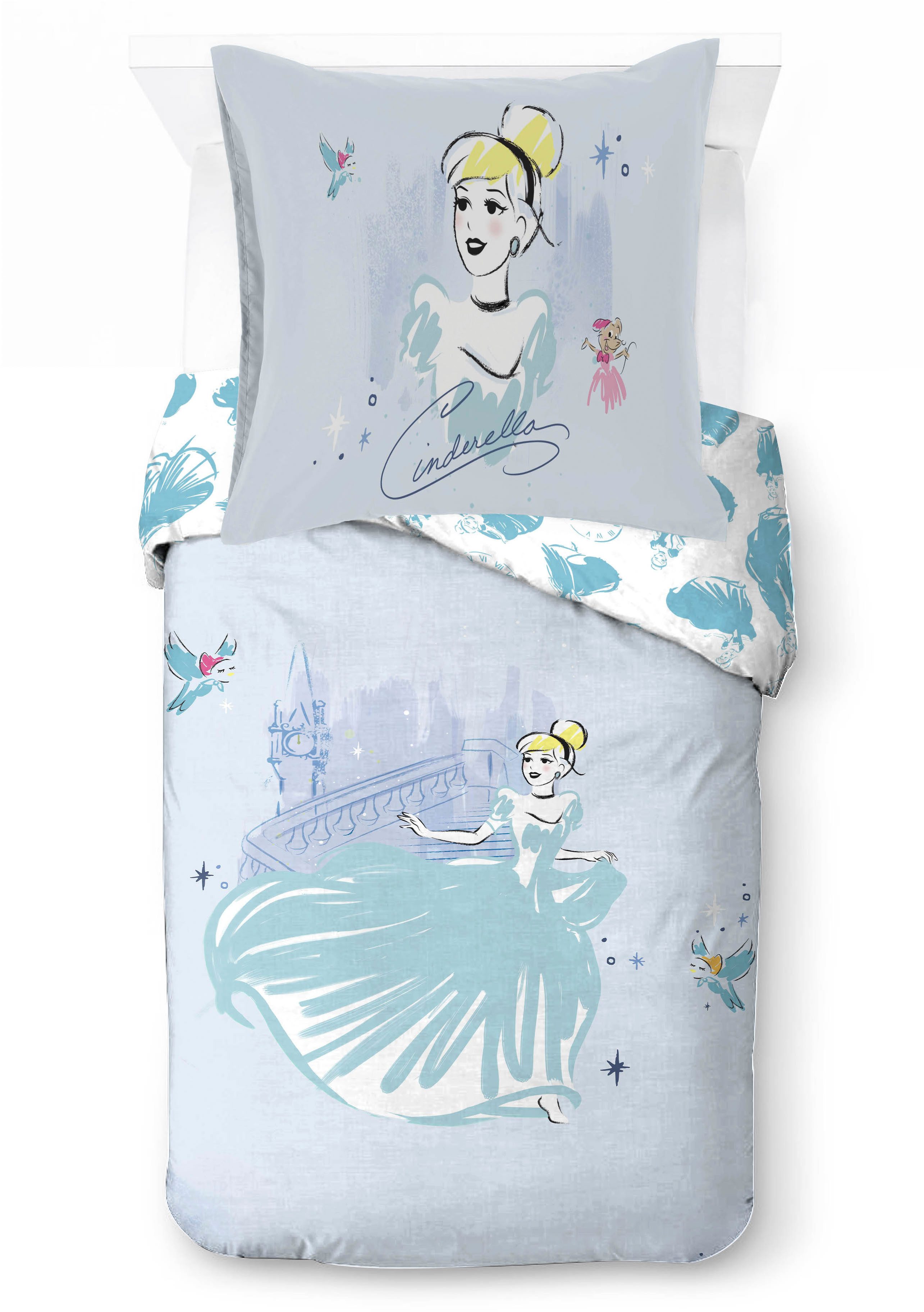 Disney Kinderbettwäsche Disney Cinderella Bettbezug-Set 135x200 cm + Kissenbezug 80x80 cm, Washed Cotton, 2 teilig, 100 % Baumwolle, maschinenwaschbar, wendbar