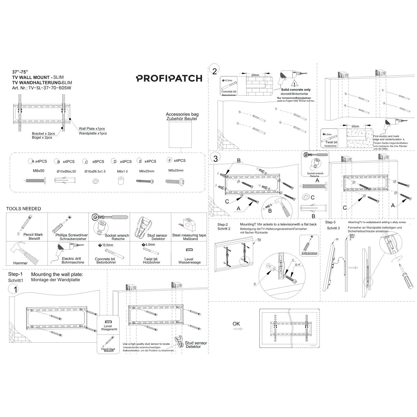 ProfiPatch TV-Wandhalterung Slim 37-70 Zoll feste Montage bis 60kg, (bis 70 Zoll, 1-tlg)