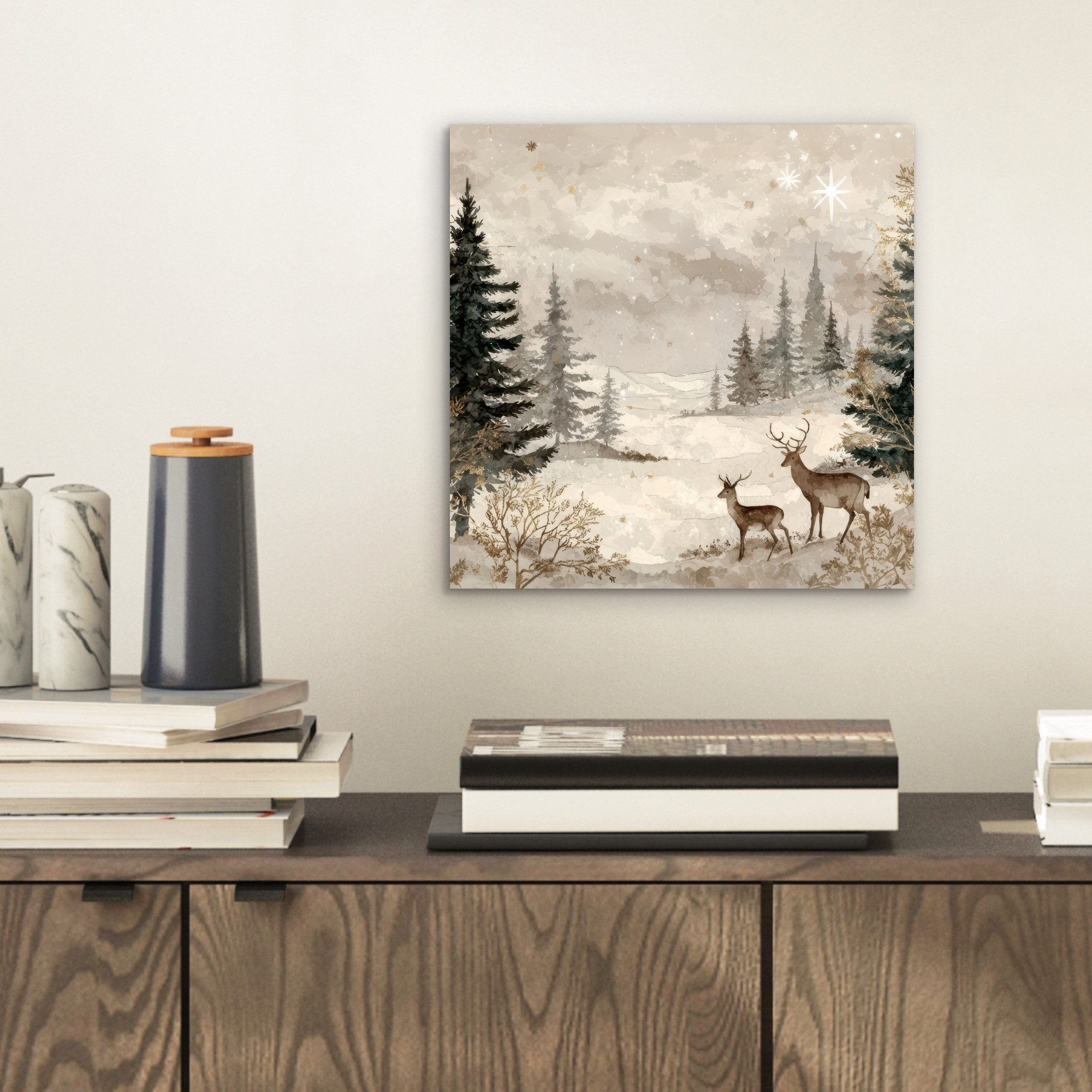 MuchoWow Metallbild Wald - Hirsche - Winter - Schnee, Inkl. Aufhängung, Alu günstig online kaufen