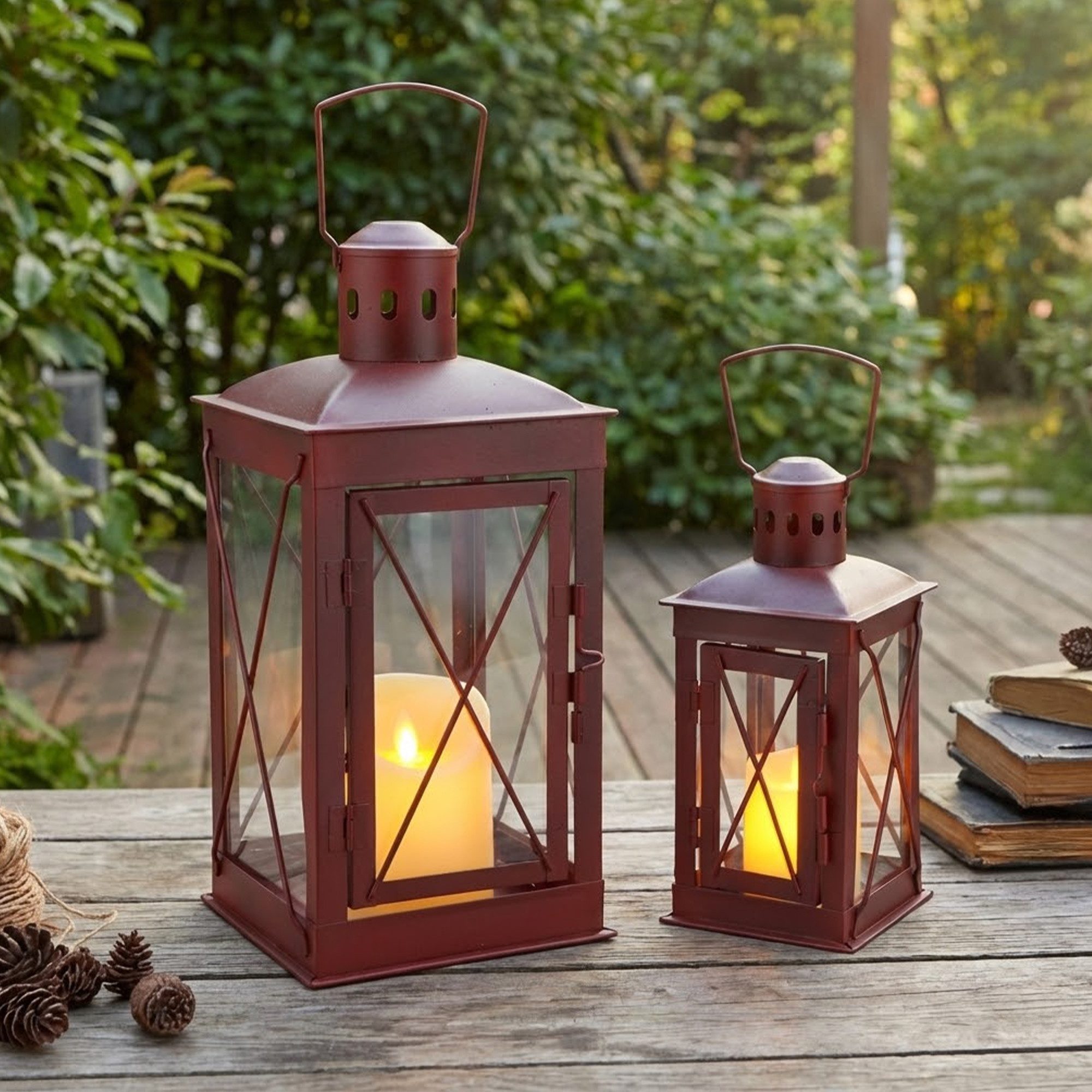 JHY DESIGN Kerzenlaterne Vintage Kerzenlaternen, Outdoor Gartenlaternen, Dekorative Windlichter (Set, 2 St), Metall Kerzenhalter, 36/25 cm, Innen & Außen, Rot – Bild 3 von 5