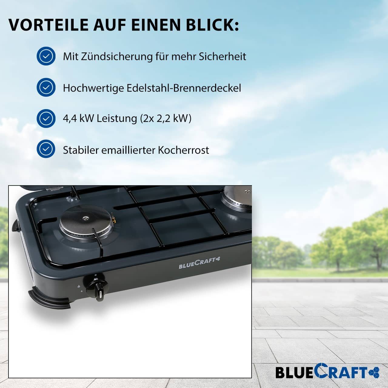 BlueCraft Gaskocher, (Gas-Kochfeld 2 flammen Propangas mit Schlauch und  Druckminderer), Campingkocher 2-flammig mit Zündsicherung Gasschlauch  Gasregler