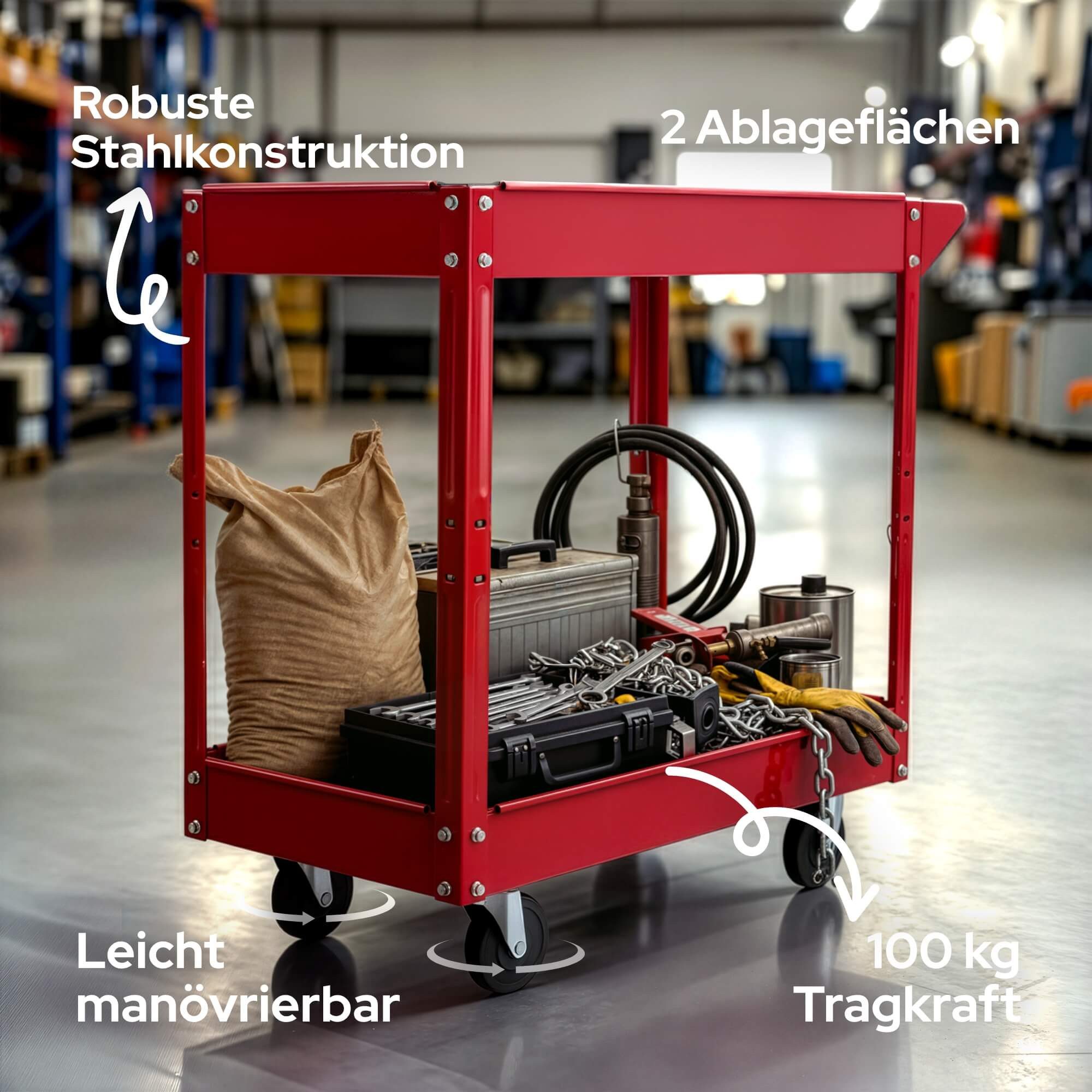 Arebos Werkstattwagen Werkstatt-Rollwagen, Werkzeugwagen, Belastbarkeit bis zu 100 kg, 2 Fächer, max. Traglast:100,00 kg