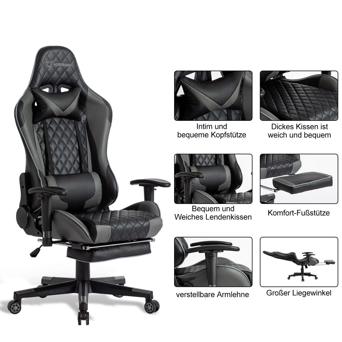 FOXSPORT Gaming-Stuhl Stuhl Fußstütze Gaming mit grau Ergonomischer
