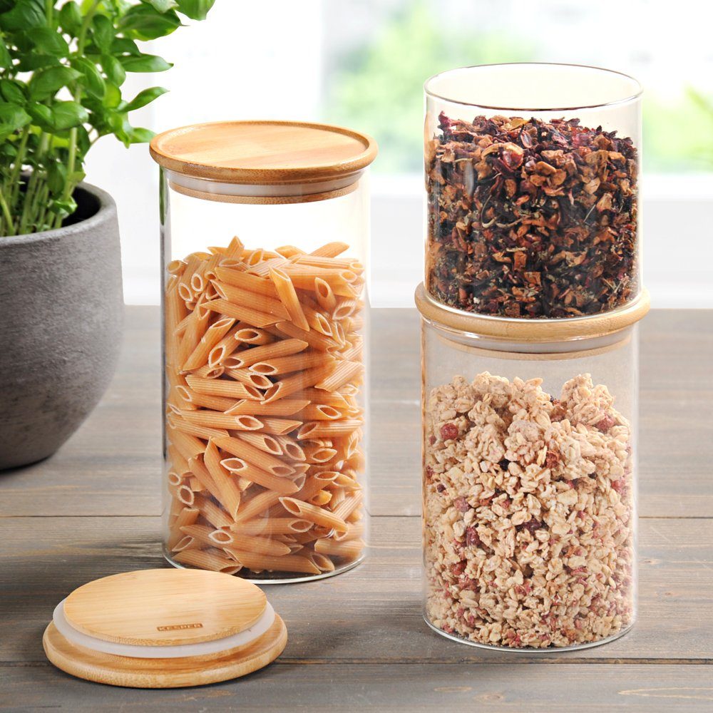 KESPER® Frischhaltedose Aufbewahrungsgläser- 3er Set Vorratsgläser Frischhaltegläser, (3-tlg), luftdicht verschliessbar, mit Bambusdeckel