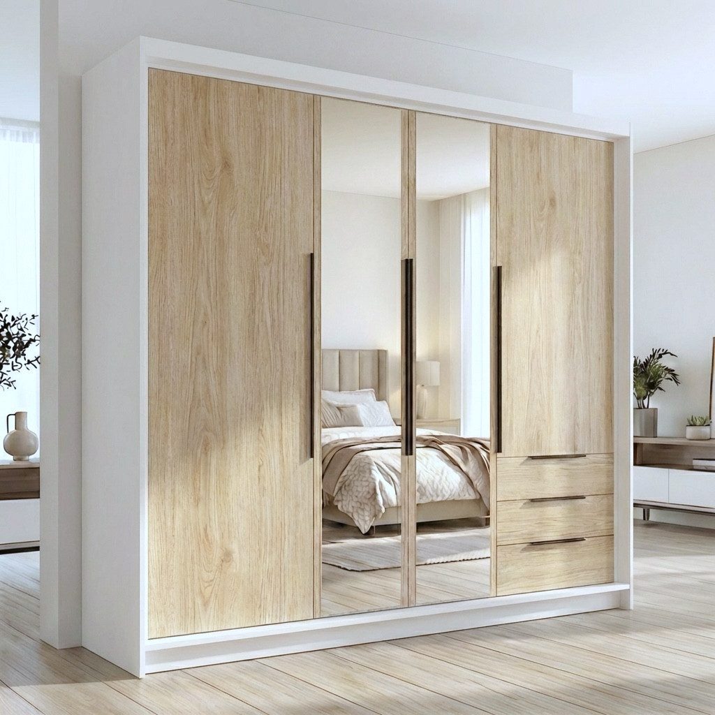 A&J MöbelLand GmbH Drehtürenschrank VIVO mit integrierten Schubladen (Geräumiger vier¬türiger Kleiderschrank mit Schubladen und Metallgriffen. Geräumiger Schran – Bild 2 von 5
