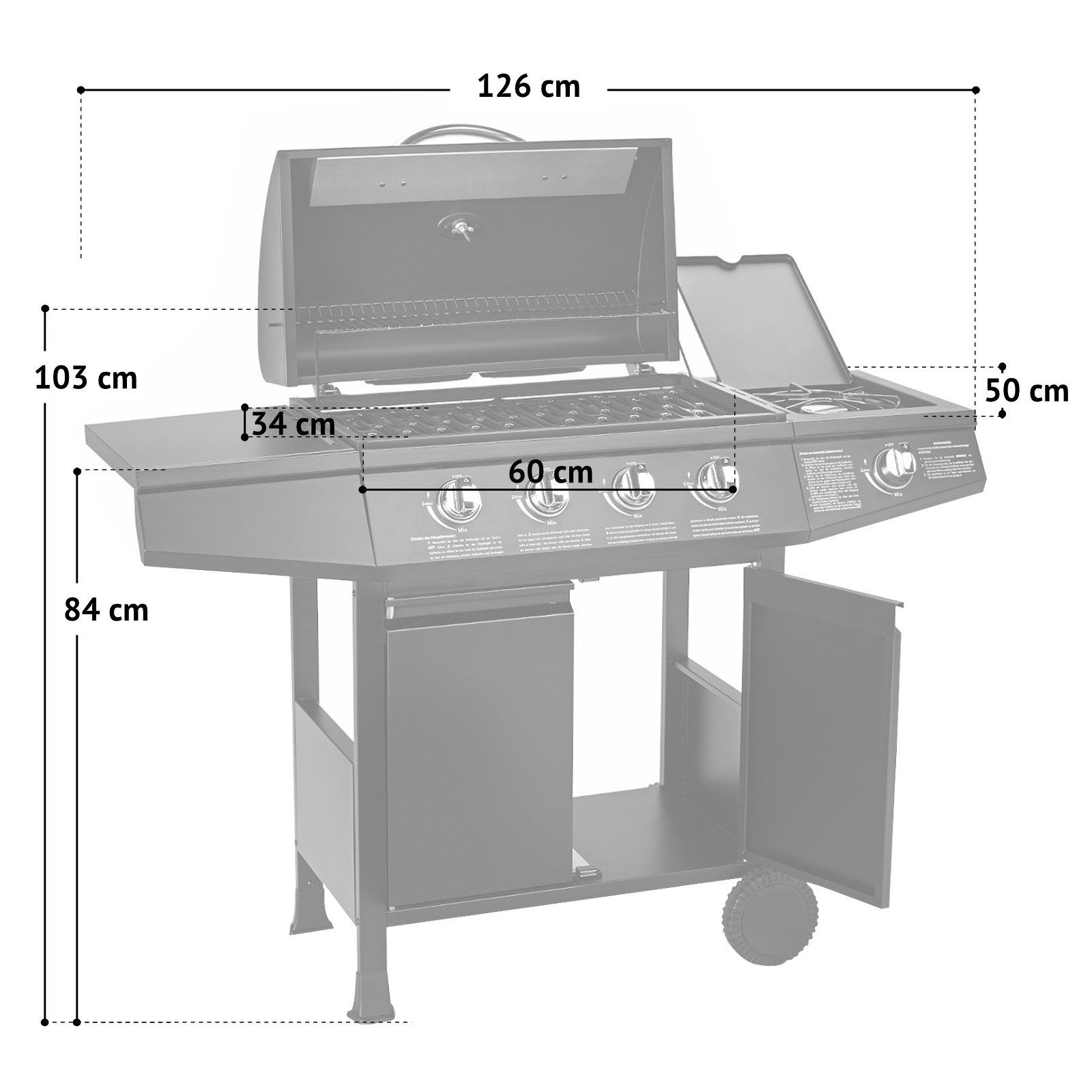 TAINO Gasgrill BASIC 4+1, Gasgrill mit Gasdruckminderer, Gasschlauch und Abdeckhaube, Piezozündung, 4 Brenner aus Edelstahl, Seitenkocher