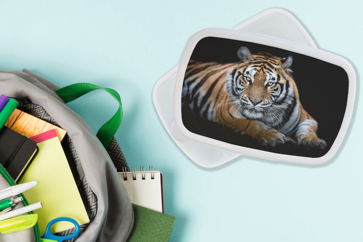 MuchoWow Lunchbox Porträt - Tiger Erwachsene, weiß und Kinder Brotdose, für und - Kunststoff, (2-tlg), für Brotbox Jungs Mädchen Schwarz