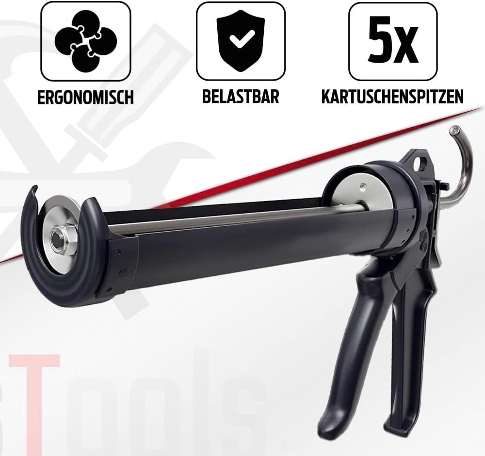 bestTools Fliesenspachtel Profi Kartuschenpresse 150-310ml 20:1 Silikonpistole inkl. 5 Spitzen Starke 4000N Kraftübertragung 360° drehbar Nachlaufstop Alu-Griff – Bild 2 von 4