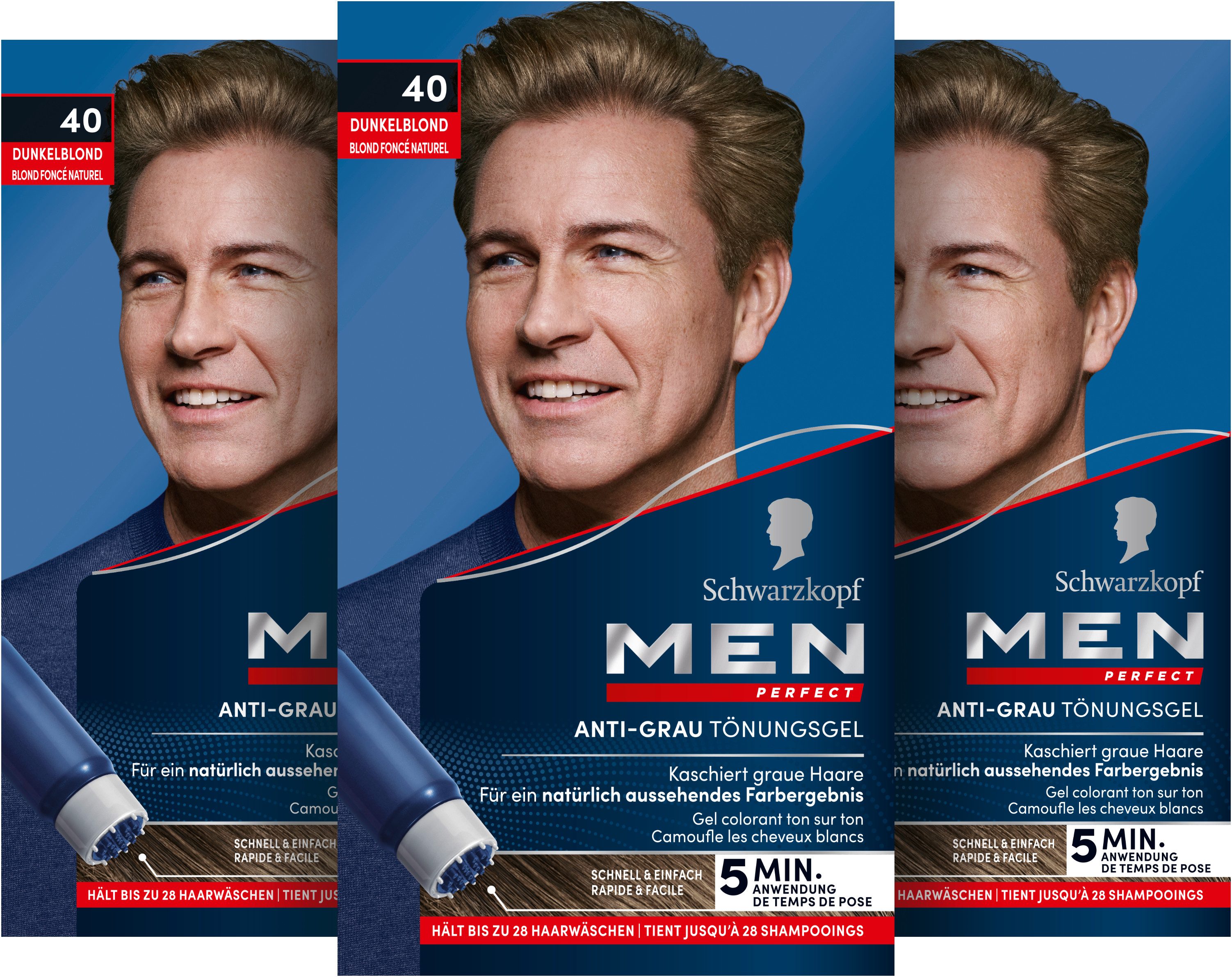 Schwarzkopf Haartönung Men Perfect 40 Dunkelblond - hält bis zu 28 Haarwäschen, Vorratspack, 3-tlg., 3x 80 ml, Anti-Grau Tönung für ein natürlich aussehendes Ergebnis