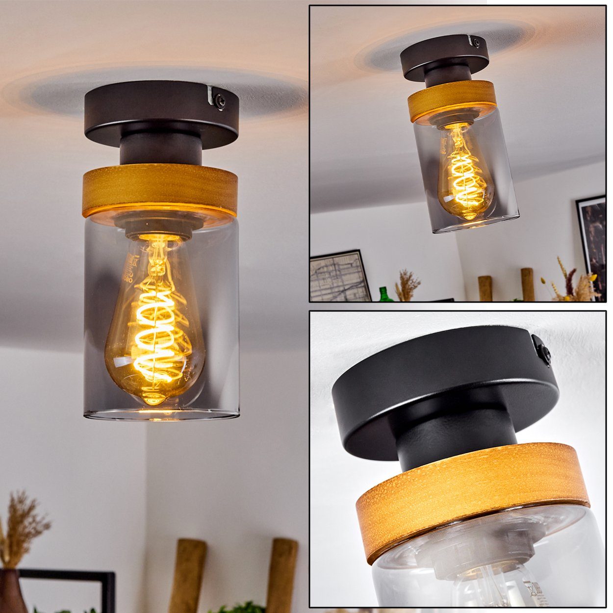 hofstein Deckenleuchte »Vaglie« Deckenlampe in Leuchte Leuchtmittel, ohne Metall/Holz/Glas 11x27 Schwarz/Natur/Rauchfarben, Rauchglas, moderne aus Schirm mit aus