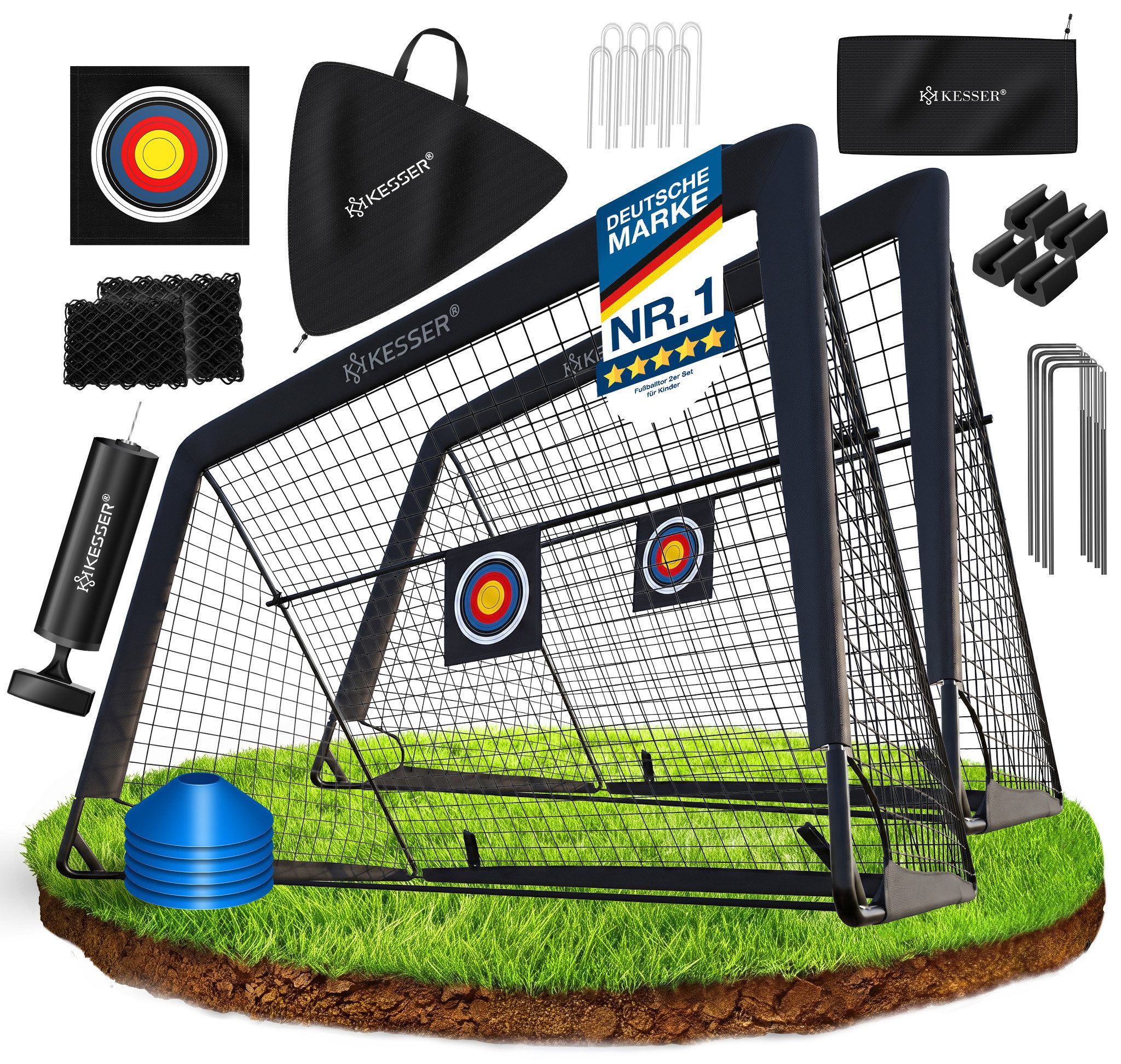 KESSER Fußballtor Set mit Tragetasche, Heringen, Zielscheibe, Hütchen & Pumpe, Pop-Up Tor mit Anti-Rutschfüßen – ideal für Training & Freizeitspiele