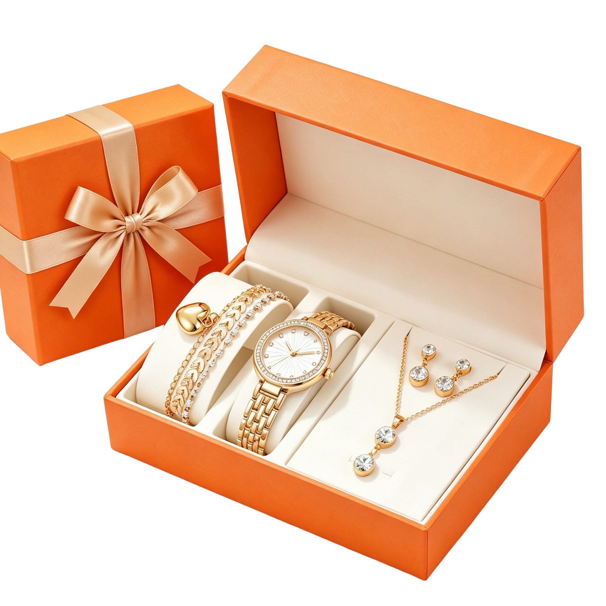 Fyrove Quarzuhr Damen Schmuck-Uhrenset Elegante Geschenkbox – Geschenk für Frauen, (mit Quarzuhr, Halskette, Ohrringen und 3 Armbändern inkl, 7-tlg., Valentinstagsgeschenk für Frauen, Weihnachtsgeschenk für Frauen)