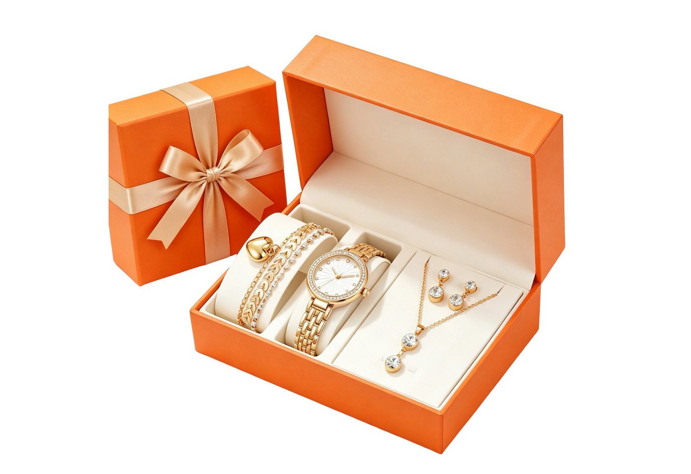 Fyrove Quarzuhr Damen Schmuck-Uhrenset Elegante Geschenkbox – Geschenk für Frauen, (mit Quarzuhr, Halskette, Ohrringen und 3 Armbändern inkl, 7-tlg., Valentinstagsgeschenk für Frauen, Weihnachtsgeschenk für Frauen)