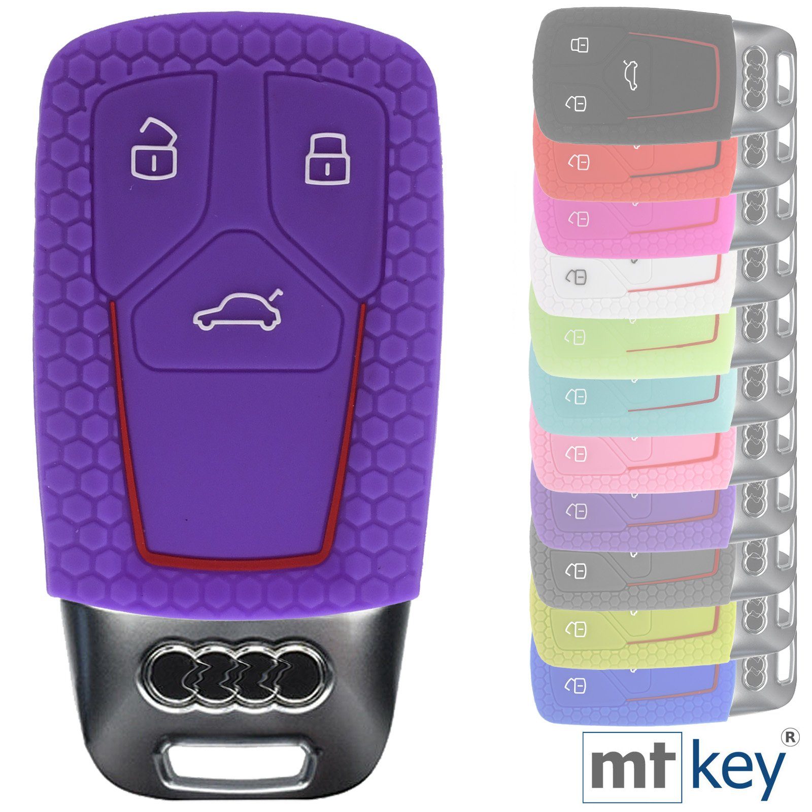mt-key Schlüsseltasche Autoschlüssel Softcase Silikon Schutzhülle im Wabe Design Lila, für Audi A4 A5 A6 A7 TT Q2 Q5 Q7 A8 Q8 3 Tasten KEYLESS SMARTKEY