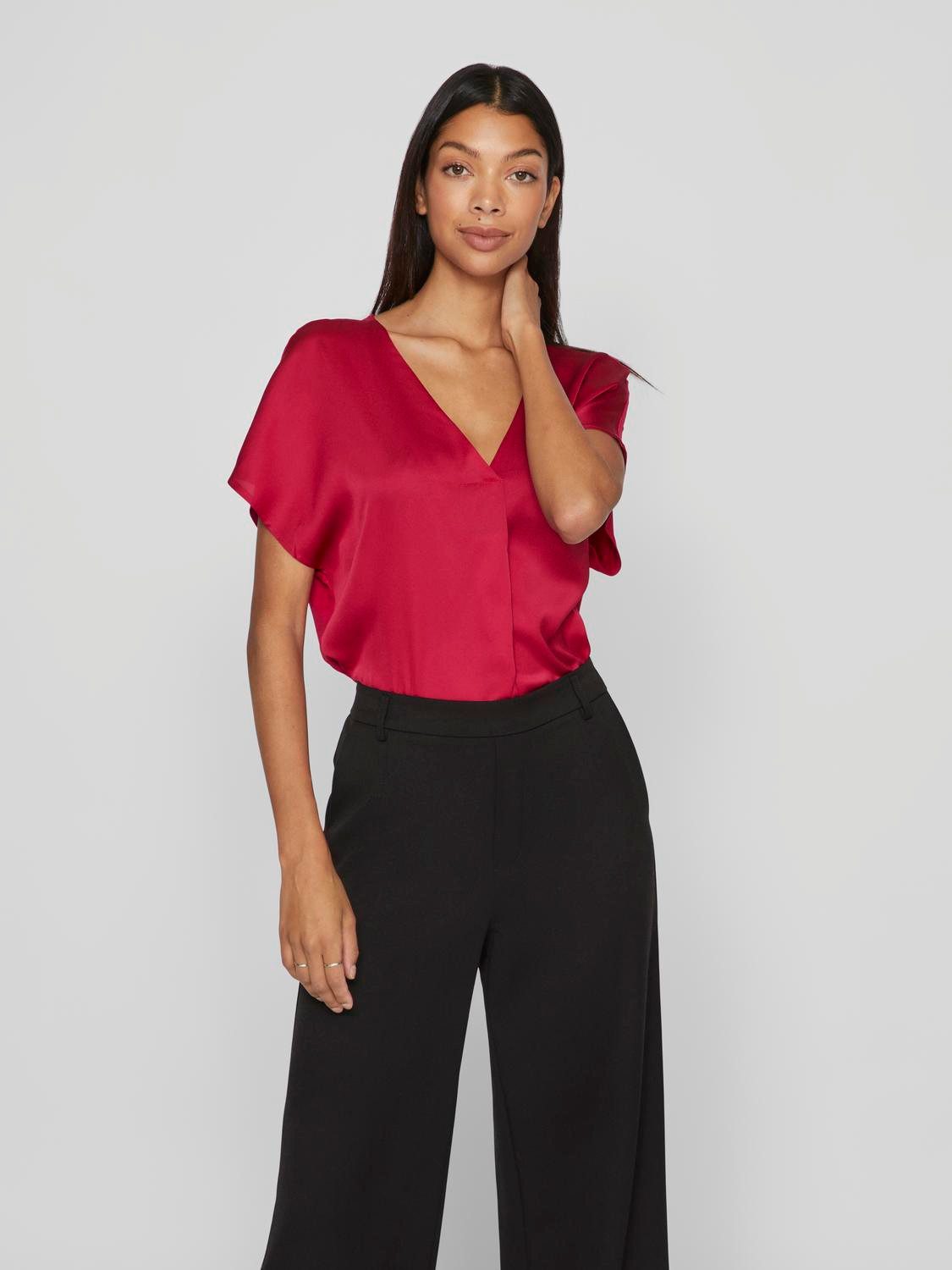 Vila Blusenshirt Satin Blusen Glänzendes Kurzarm Oberteil VIELLETTE V-NECK günstig online kaufen