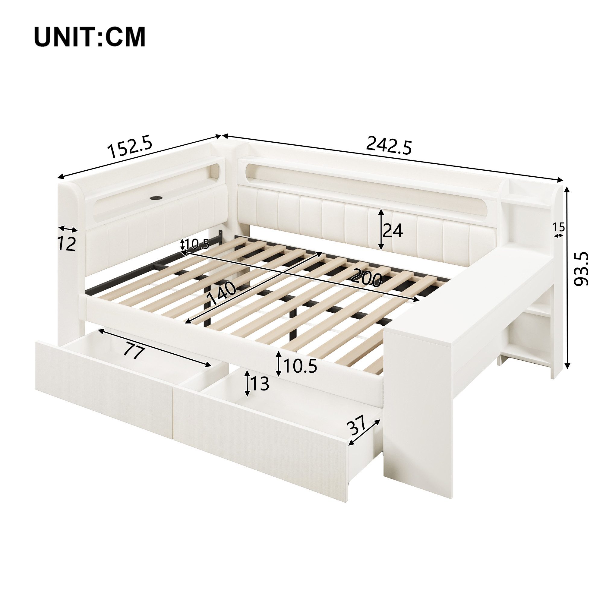 Merax Daybett 140x200cm mit LED-Beleuchtung und USB-Anschlüssen (Schlafsofa Sofabett Jugendbett Einzelbett aus Leinen, 1 tlg), Polsterbett Tagesbett mit 2 Schub – Bild 5 von 5