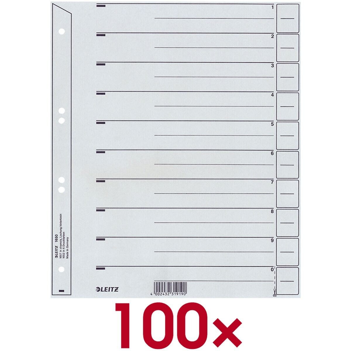 LEITZ Aktenordner 1650, Trennblätter 1-10, DIN A4 überbreit, 100-tlg., Kraftkarton