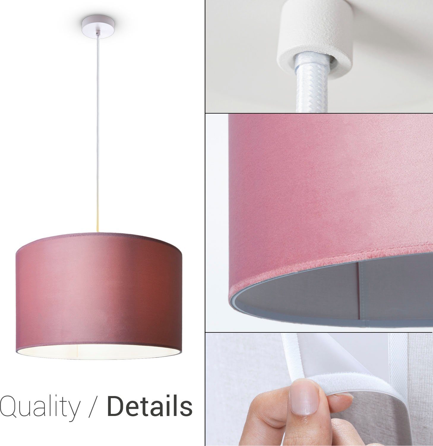 ohne E27 Deko Hugo Lampenschirm Wohnzimmer uni Leuchtmittel, aus Color, Velour pink Pendelleuchte Home Kabel 1,5m Paco Unifarben