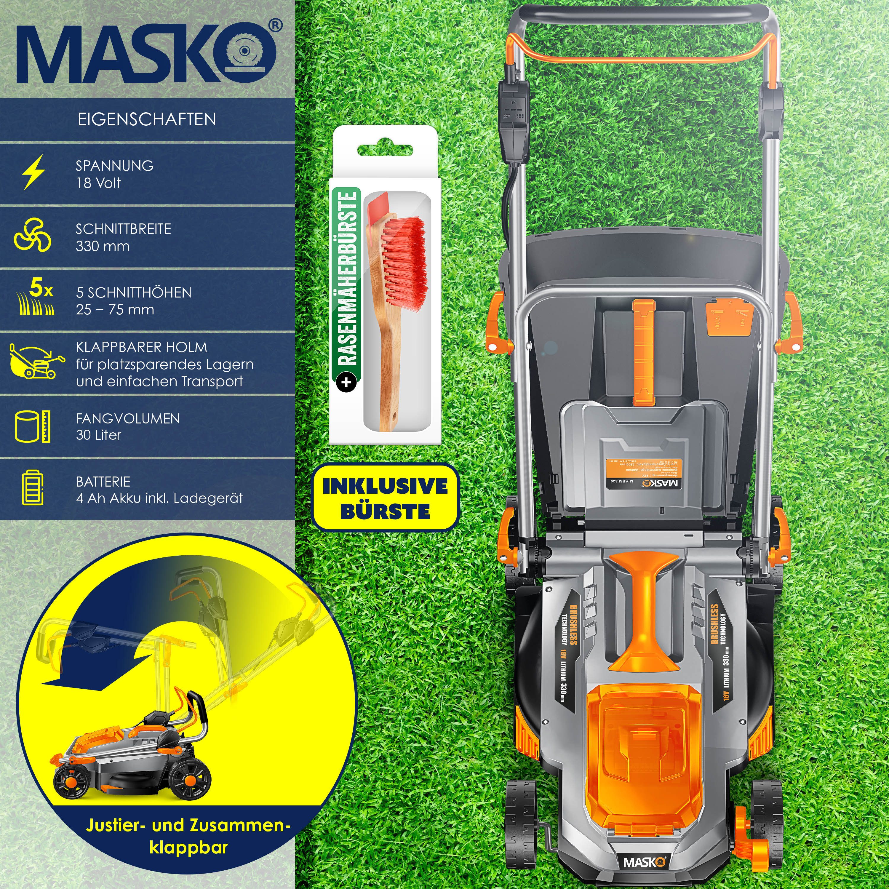 MASKO Akkurasenmäher ECO-X10 mit 33cm Schnittbreite, 30L Fangkorb, 4,0Ah Akku & Ladegerät, mit Mulchfunktion, 6 Schnitthöhen einstellbar & verstellbare Griffhöhe
