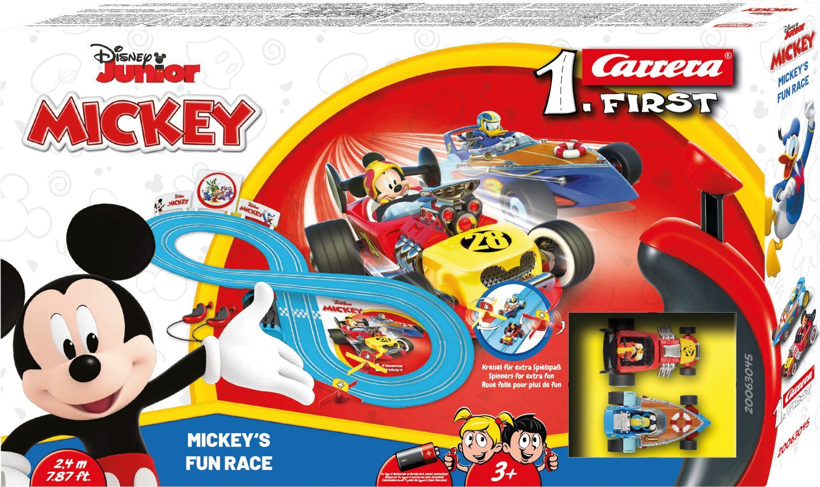 Carrera® Autorennbahn FIRST Rennbahn Mickey's Fun Race Komplettset ab 3 Jahren (Streckenlänge 2.4 m), (Set), inkl. 2 Spielzeugautos