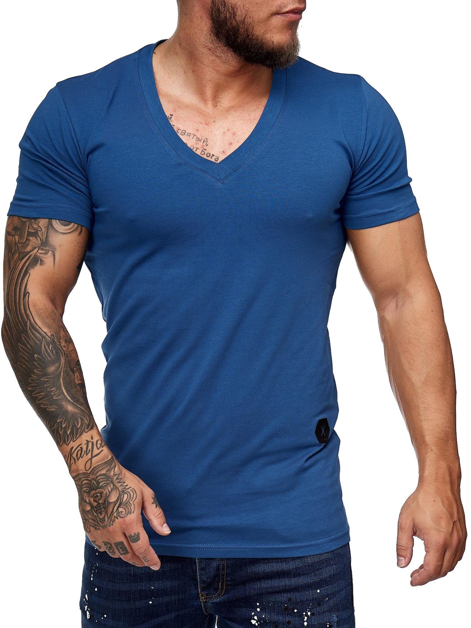 Casual Tee, OneRedox (Shirt Blau Freizeit Fitness T-Shirt 8031ST Kurzarmshirt 1-tlg) Polo