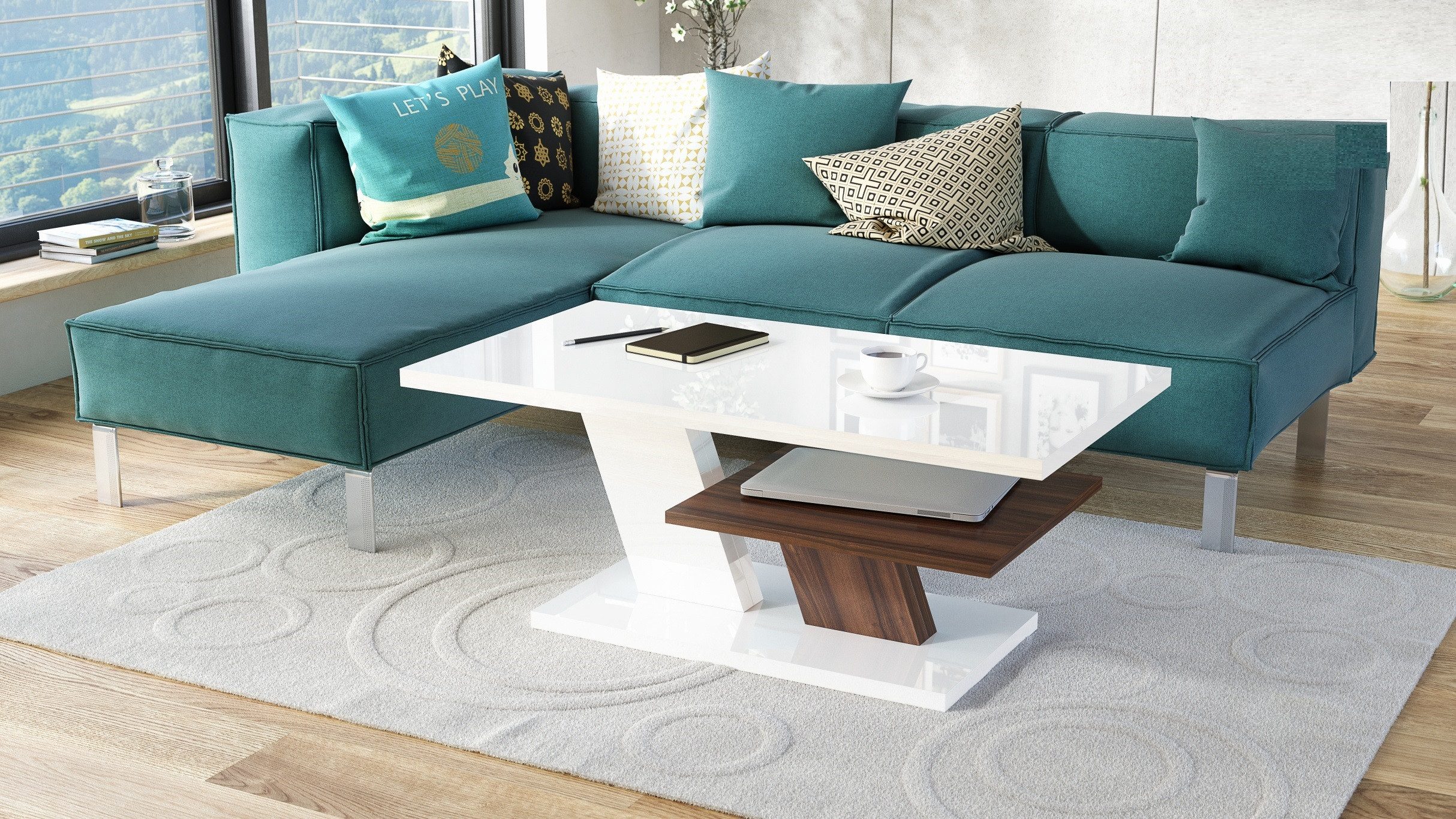 Mazzoni Couchtisch Cliff Weiß Hochglanz / Nussbaum Wohnzimmertisch 110x60x45cm